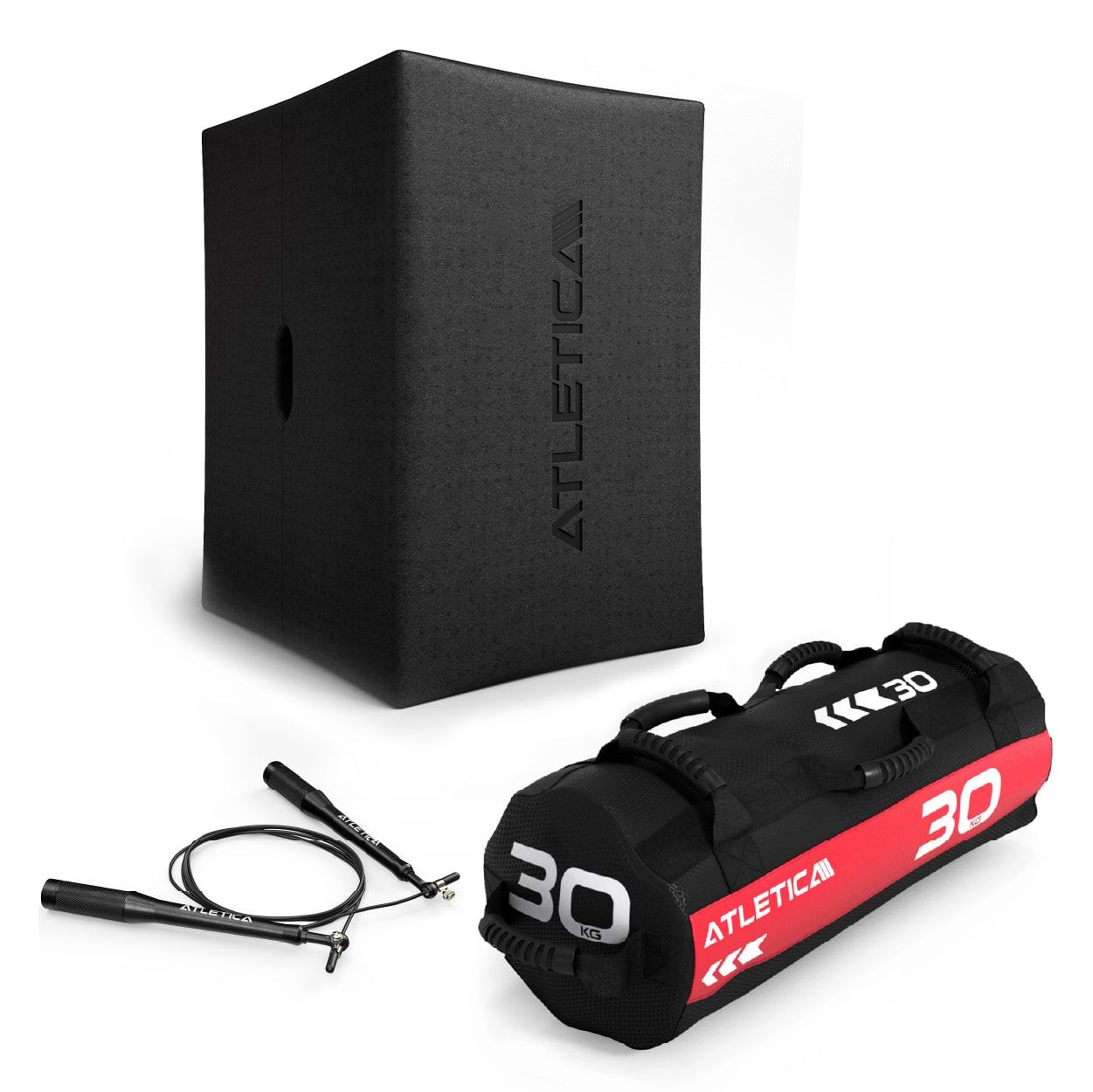 Atletica Cardio Warm-Up Set 3 - schwarze Plyo-Box 76 cm, roter Sandbag 30 kg und Springseil für Cardio-Warm-up