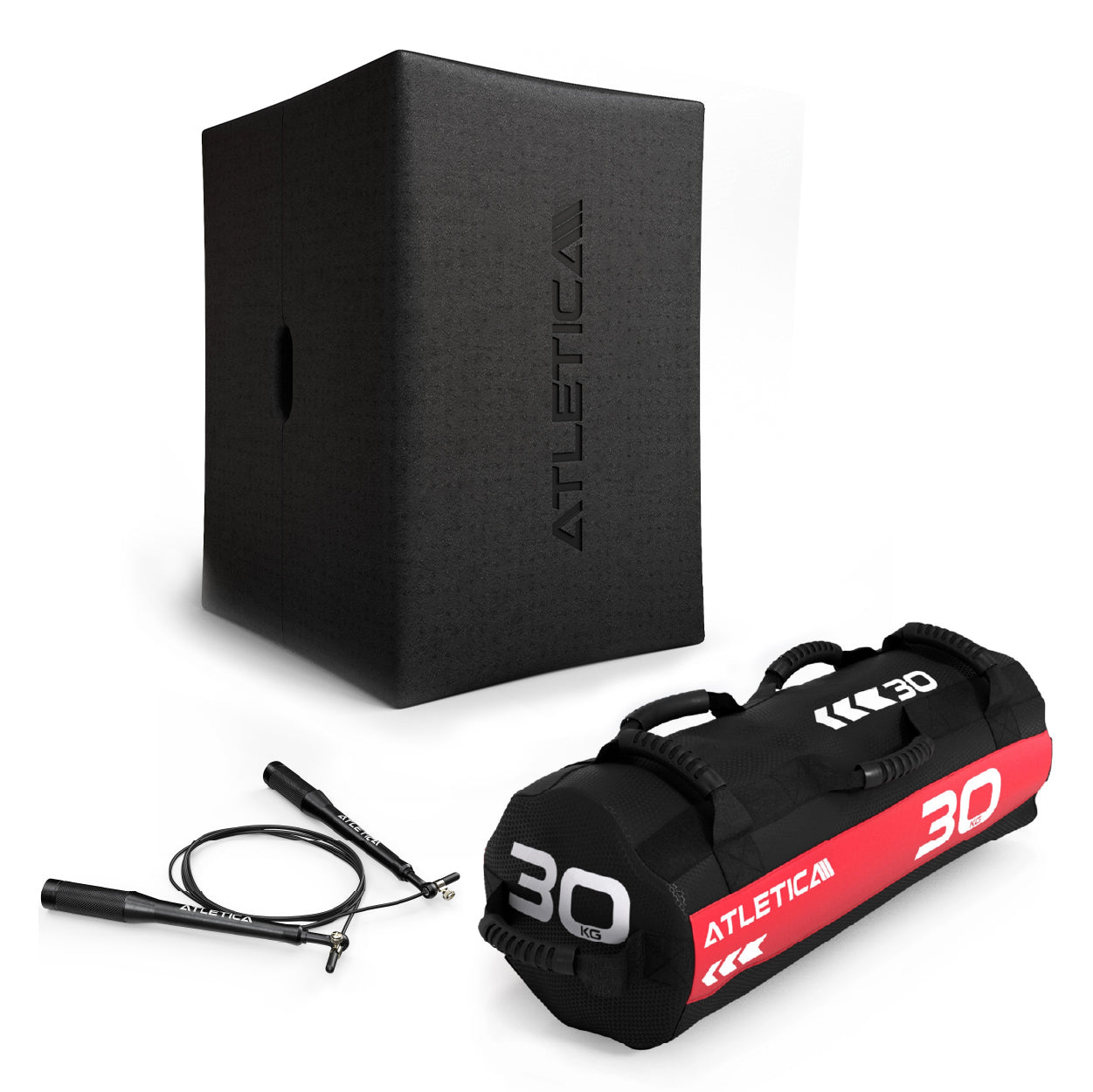Atletica Cardio Warm-Up Set 3 - schwarze Plyo-Box 76 cm, roter Sandbag 30 kg und Springseil für Cardio-Warm-up