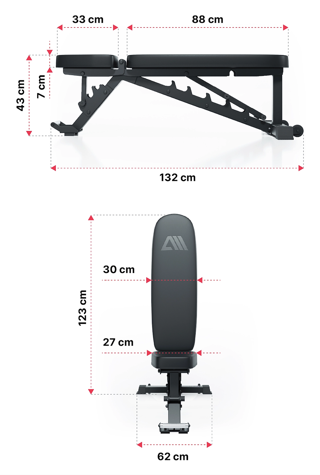 verstellbare Hantelbank B4: Dimensionen