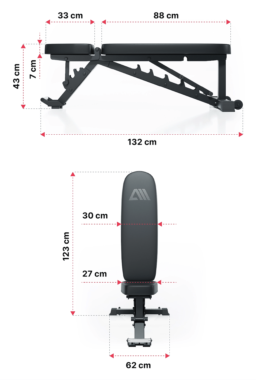 verstellbare Hantelbank B4: Dimensionen