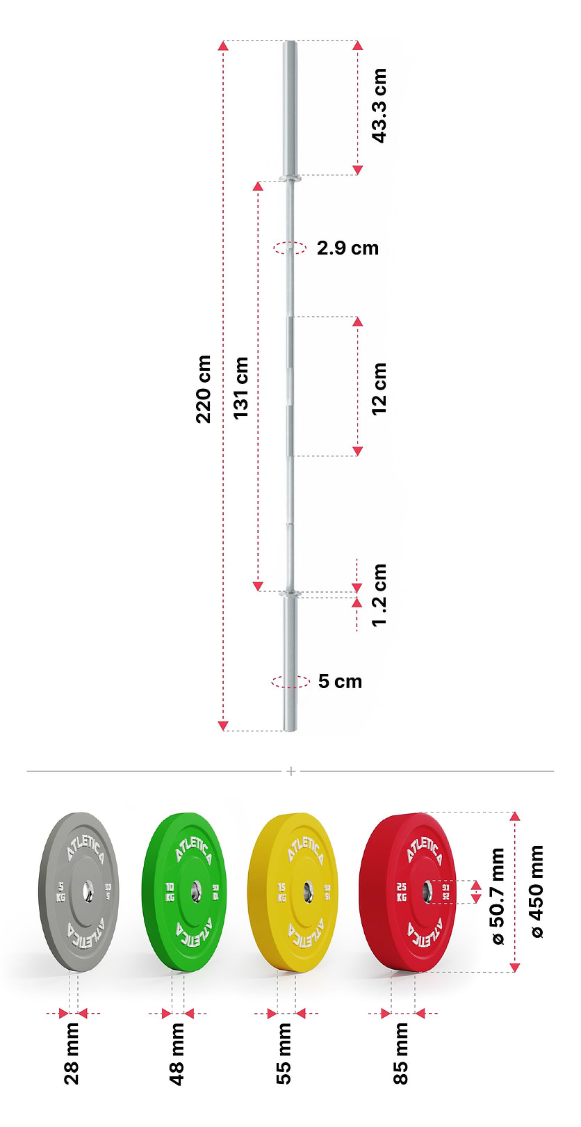 Langhantel Set Beta von Atletica: Dimensionen