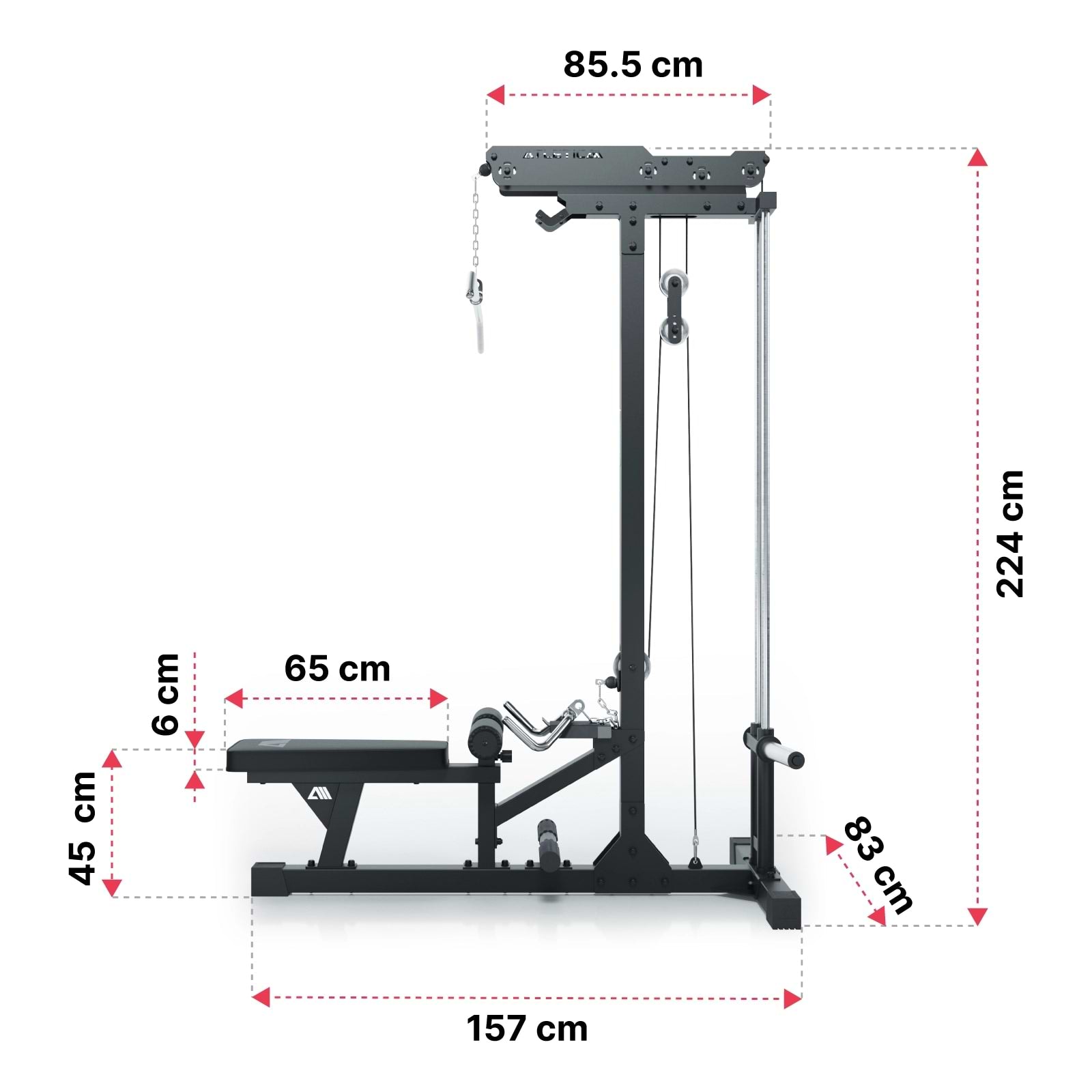 Plate Loaded Latzug mit Ruderstation: Dimensionen