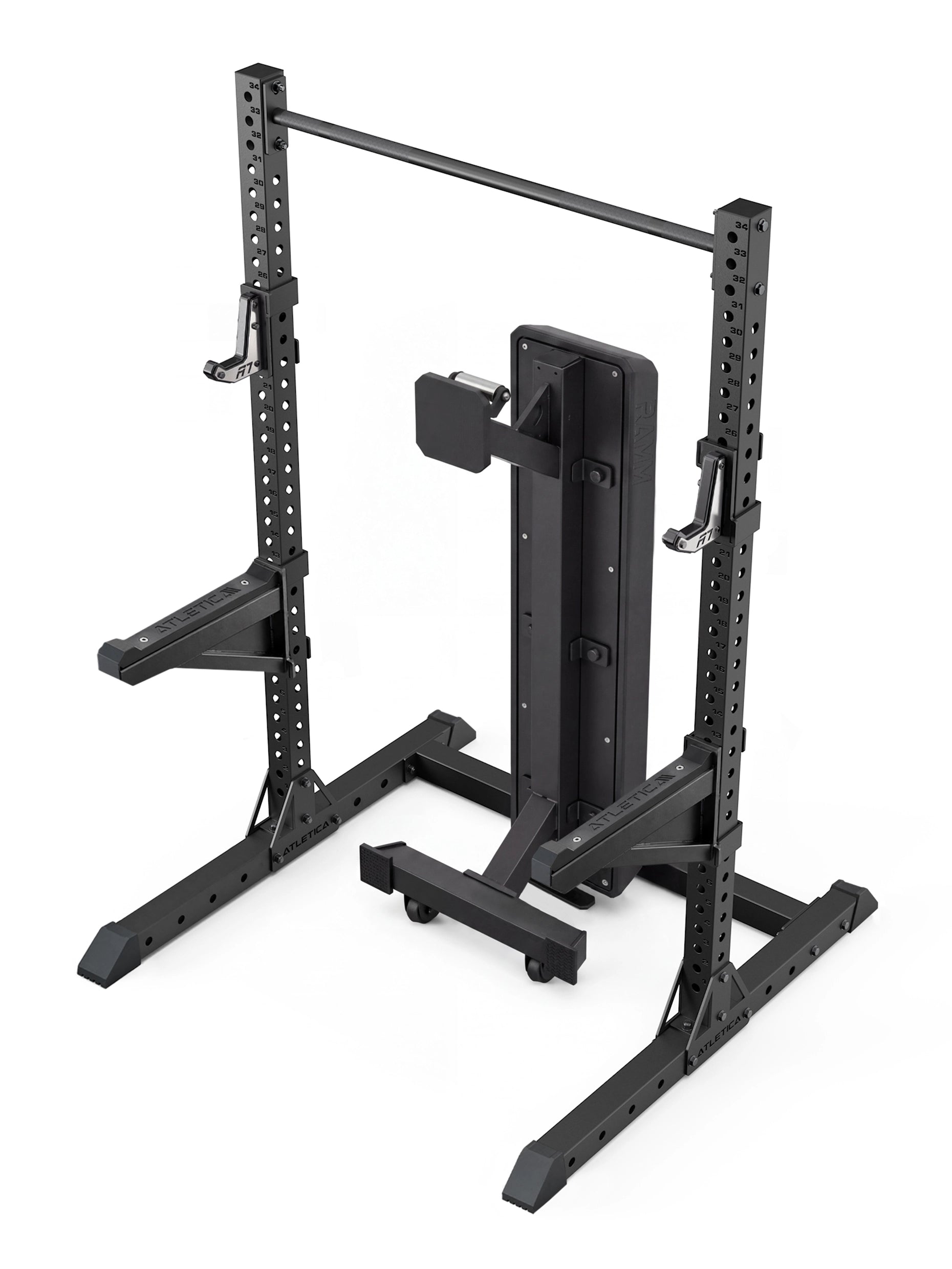 Atletica R7 Squat Rack Ghost Set: 187cm squat rack with weight bench stored vertically for space-saving storage