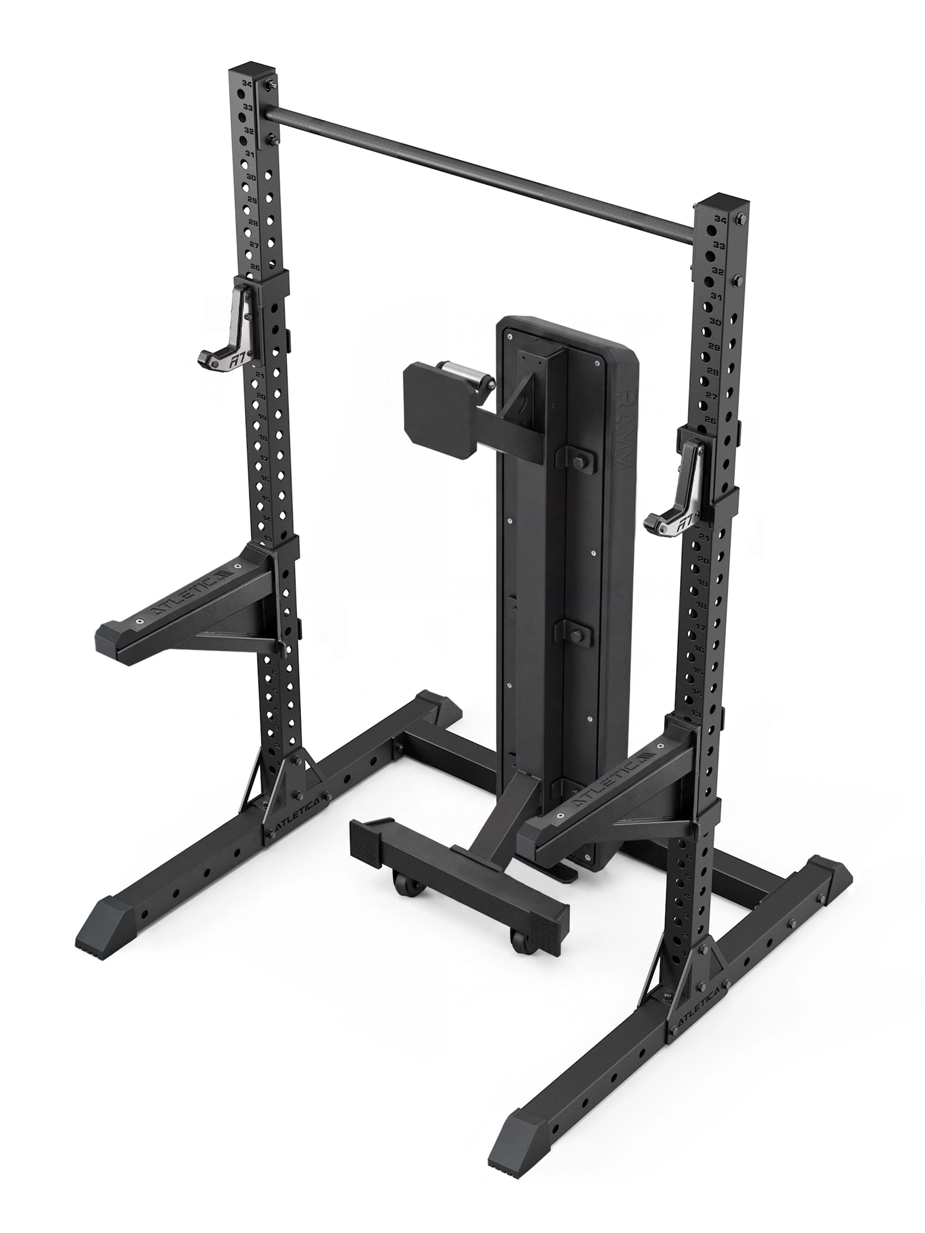 Atletica R7 Squat Rack Ghost Set: 223cm squat rack with weight bench stored vertically for space-saving storage