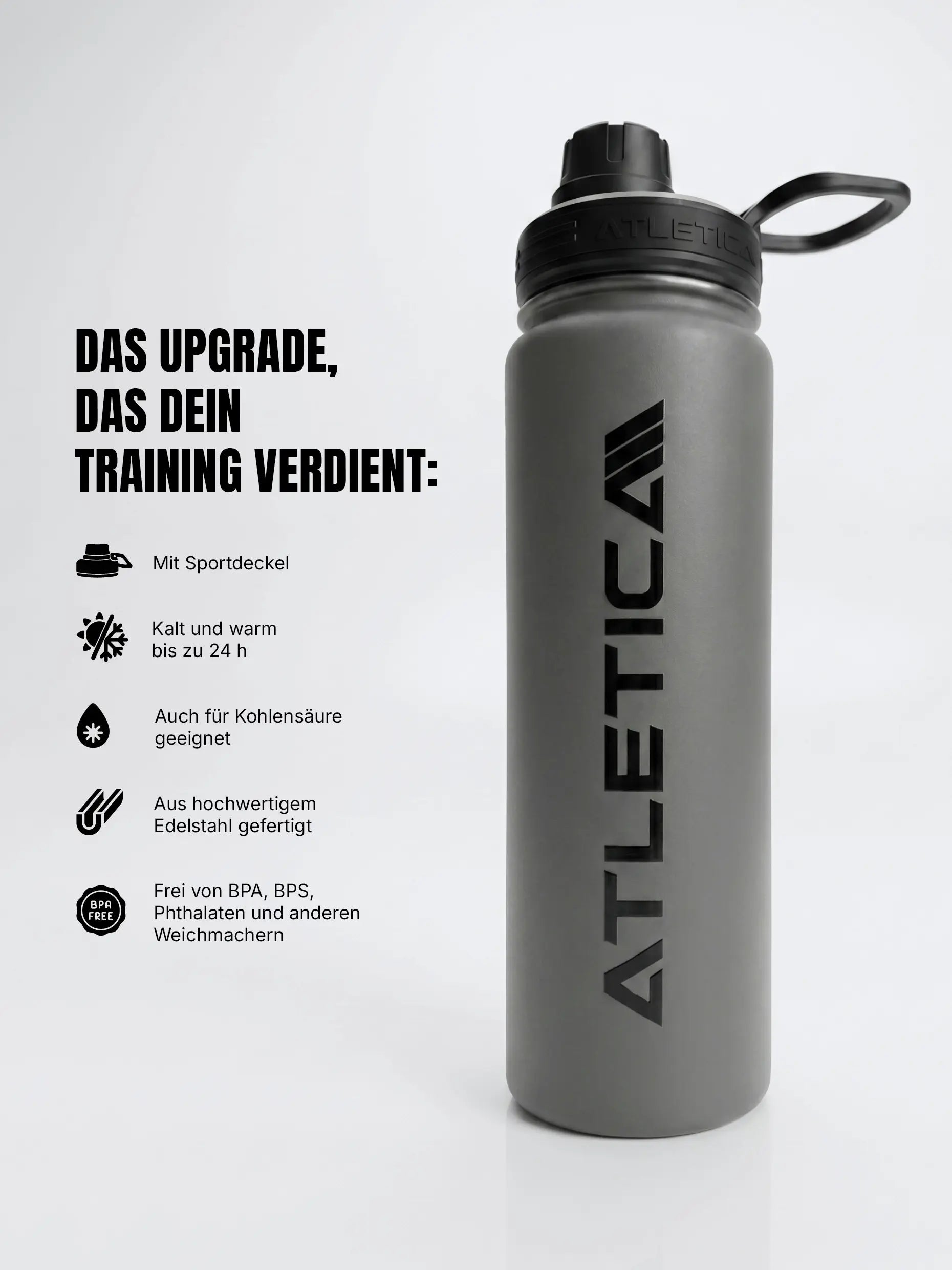 ATLETICA Trinkflasche 710ml Grau – rostfrei & spülmaschinengeeignet