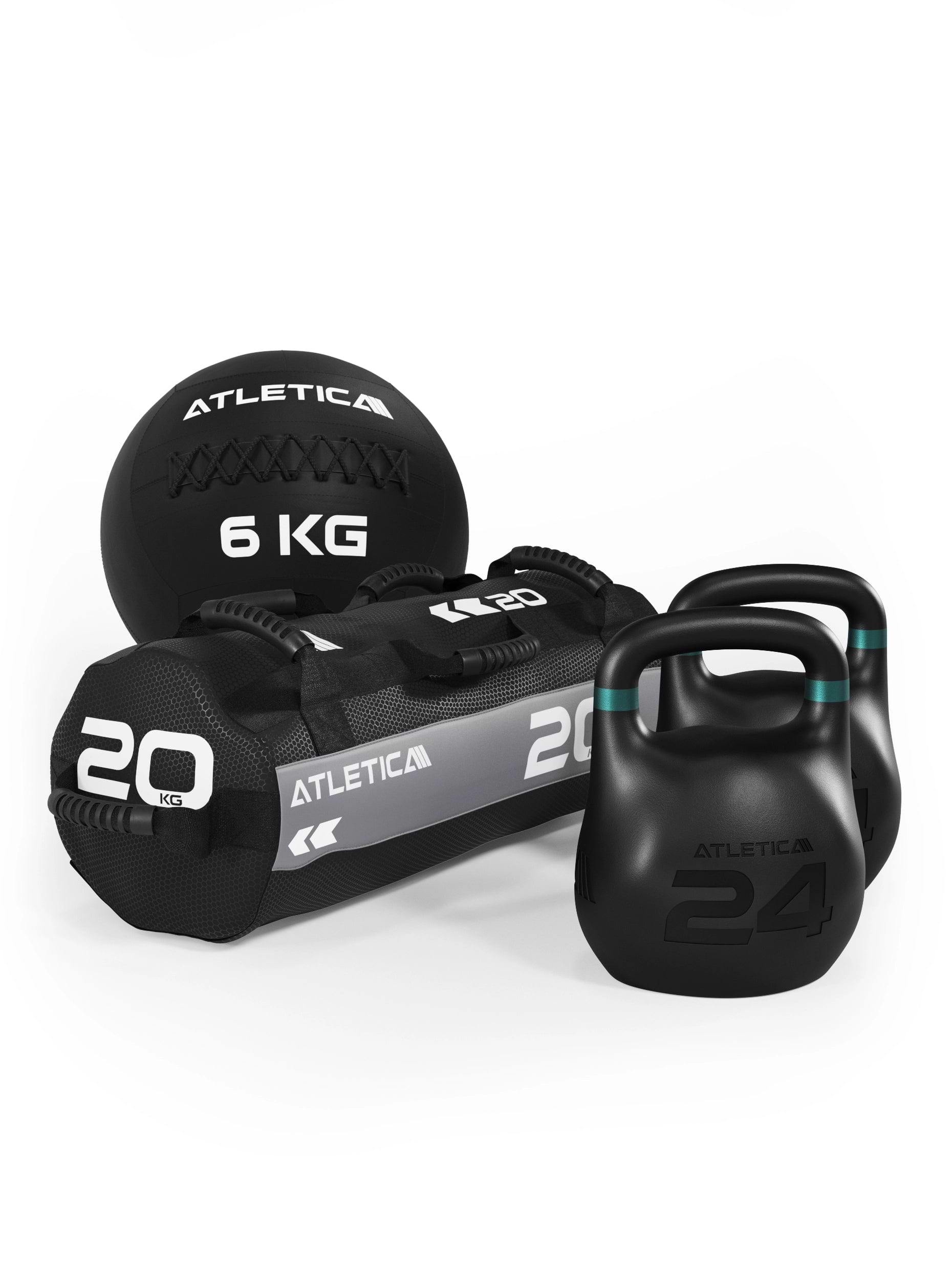 HRX Race Set aus 24kg Octagon Kettlebells, 6kg Wallball und 20kg Sandsack