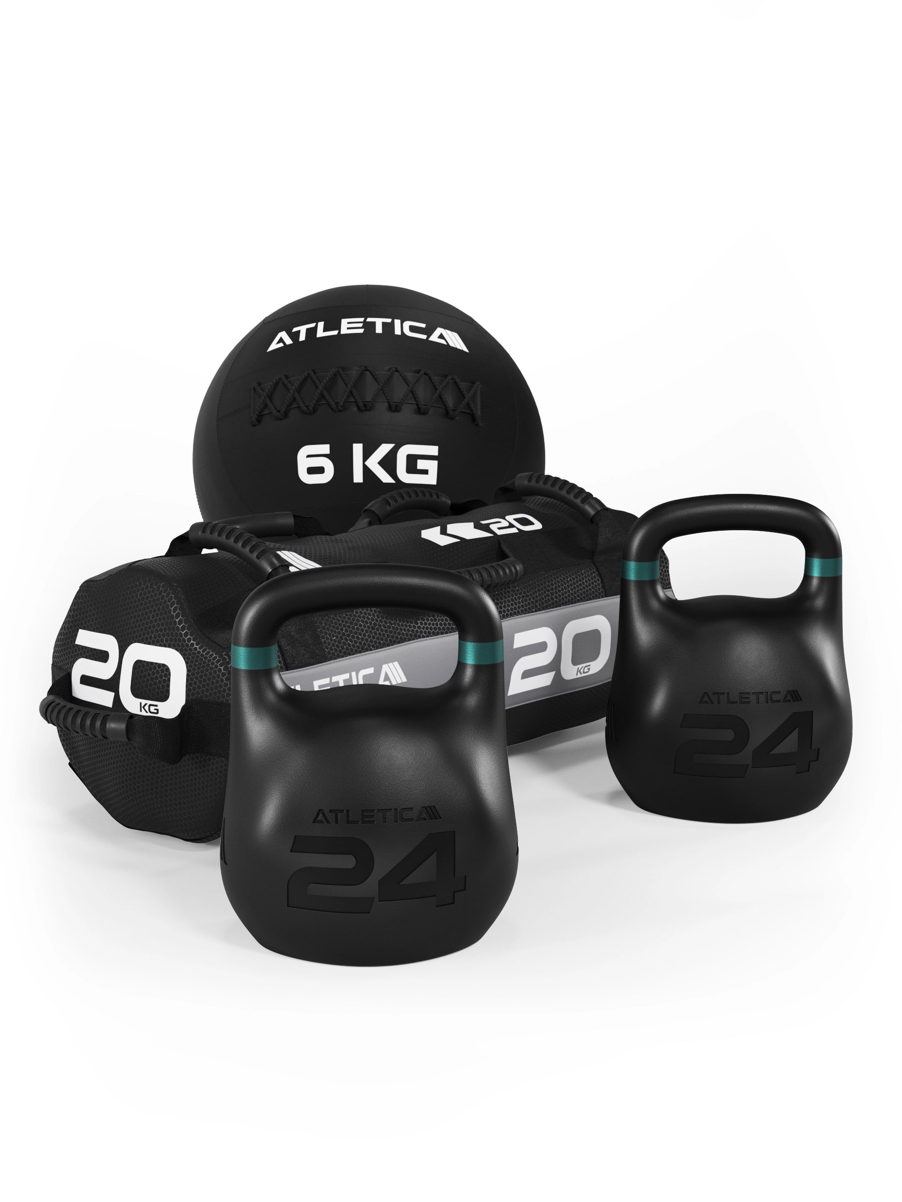HRX Race Set Pro: 24kg Octagon Kettlebells, 6kg Wallball und 20kg Sandsack