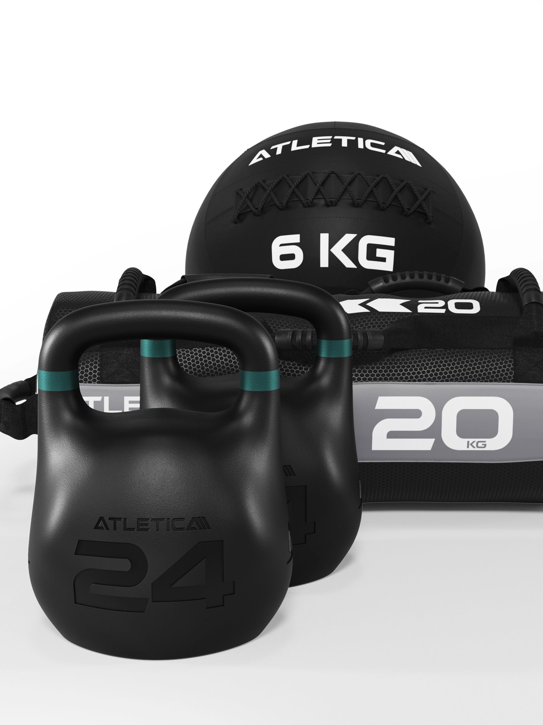 24kg Octagon Kettlebells, 6kg Wallball und 20kg Sandsack im Set