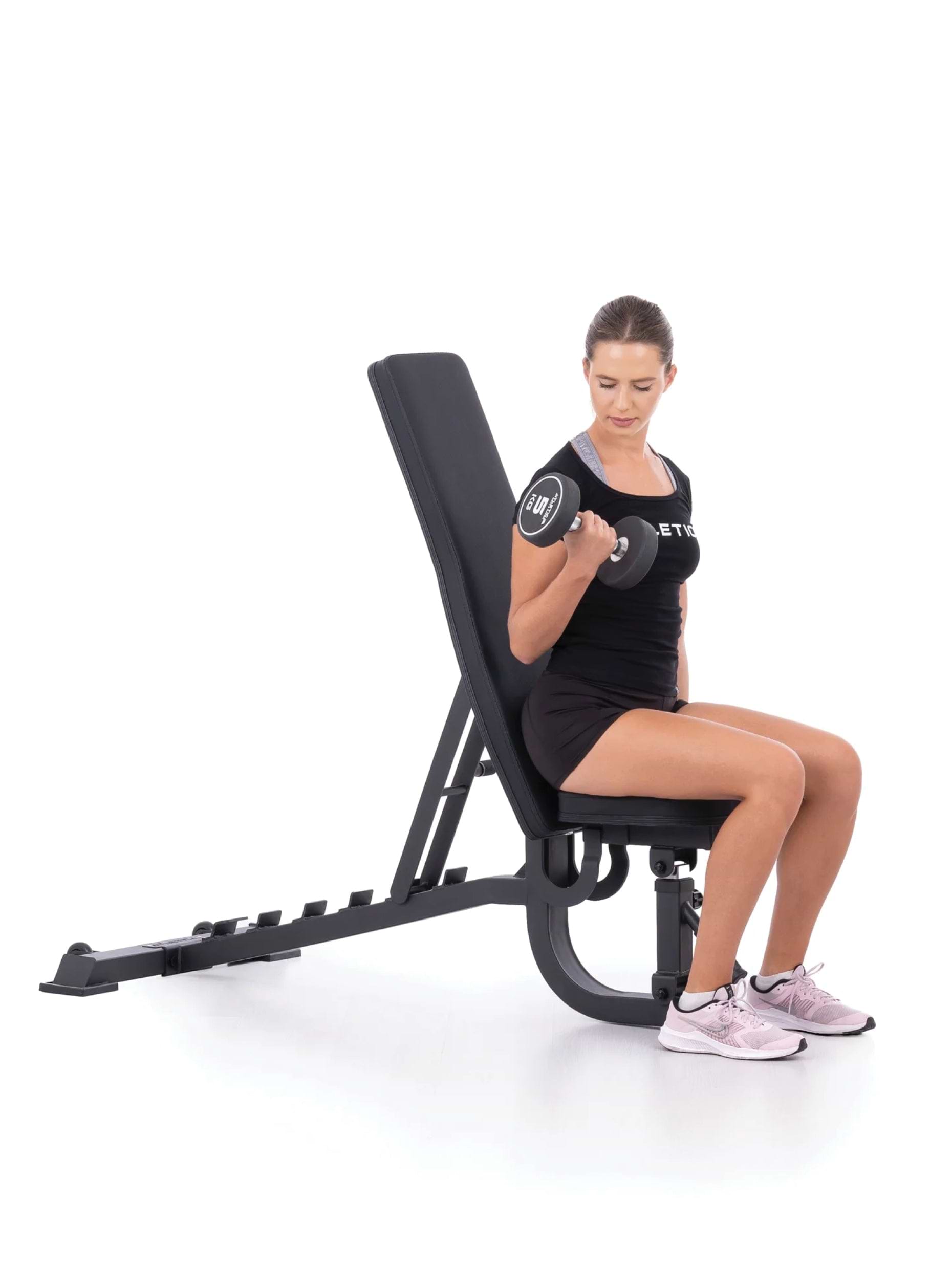 Fitnessbank B2 negativ verstellbar: Neigungswinkel von -15° bis 85°, Rückenlehne 7-fach, Sitz 3-fach verstellbar, ideal für Fitnesstraining mit Kurzhanteln, TÜV-geprüft, in schwarz