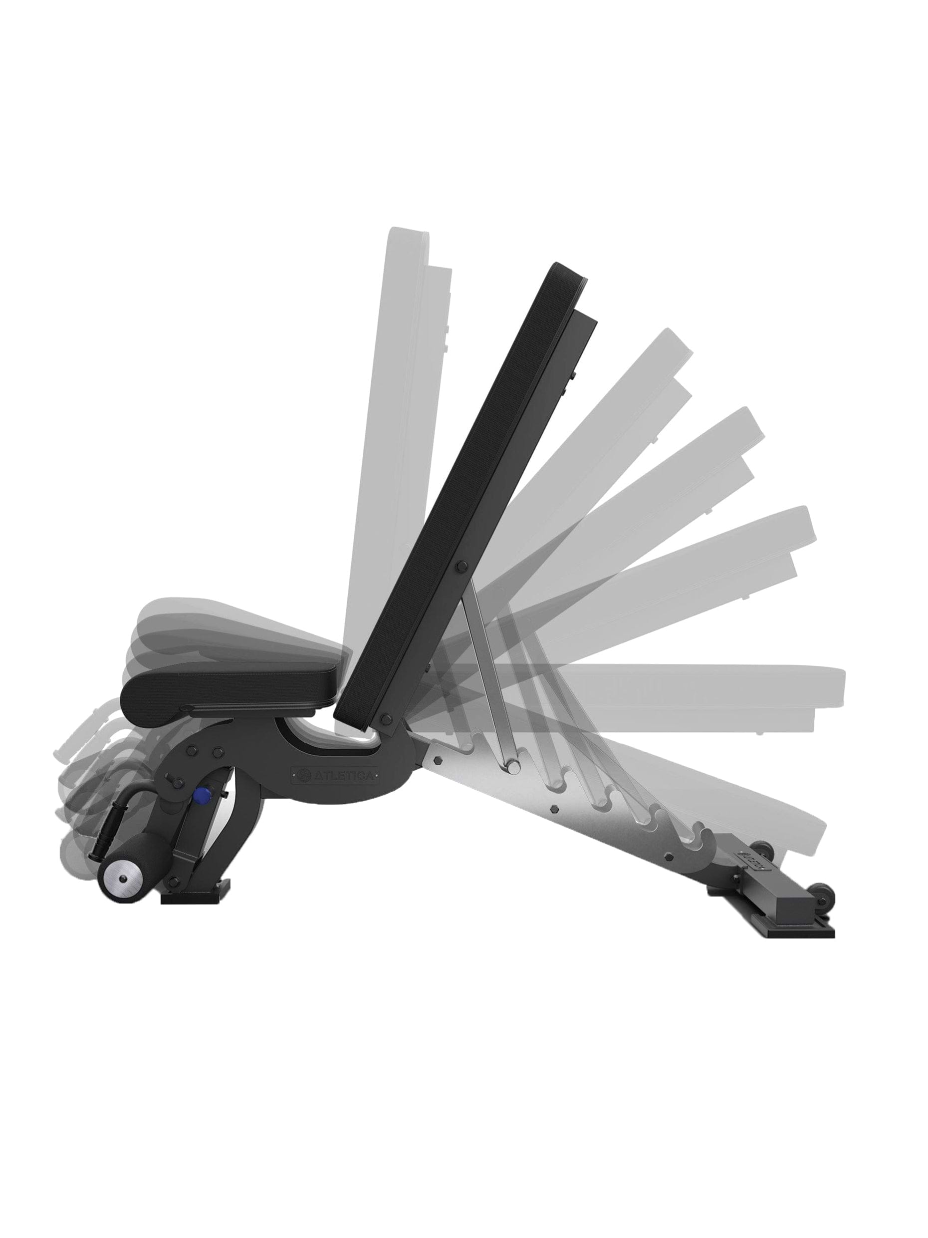 Hantelbank verstellbar in unterschiedlichen Winkeln, von 90° bis Flat Position bis negative Position. Der Sitz und das Fussblocker kann ebenfalls verstellt werden, 