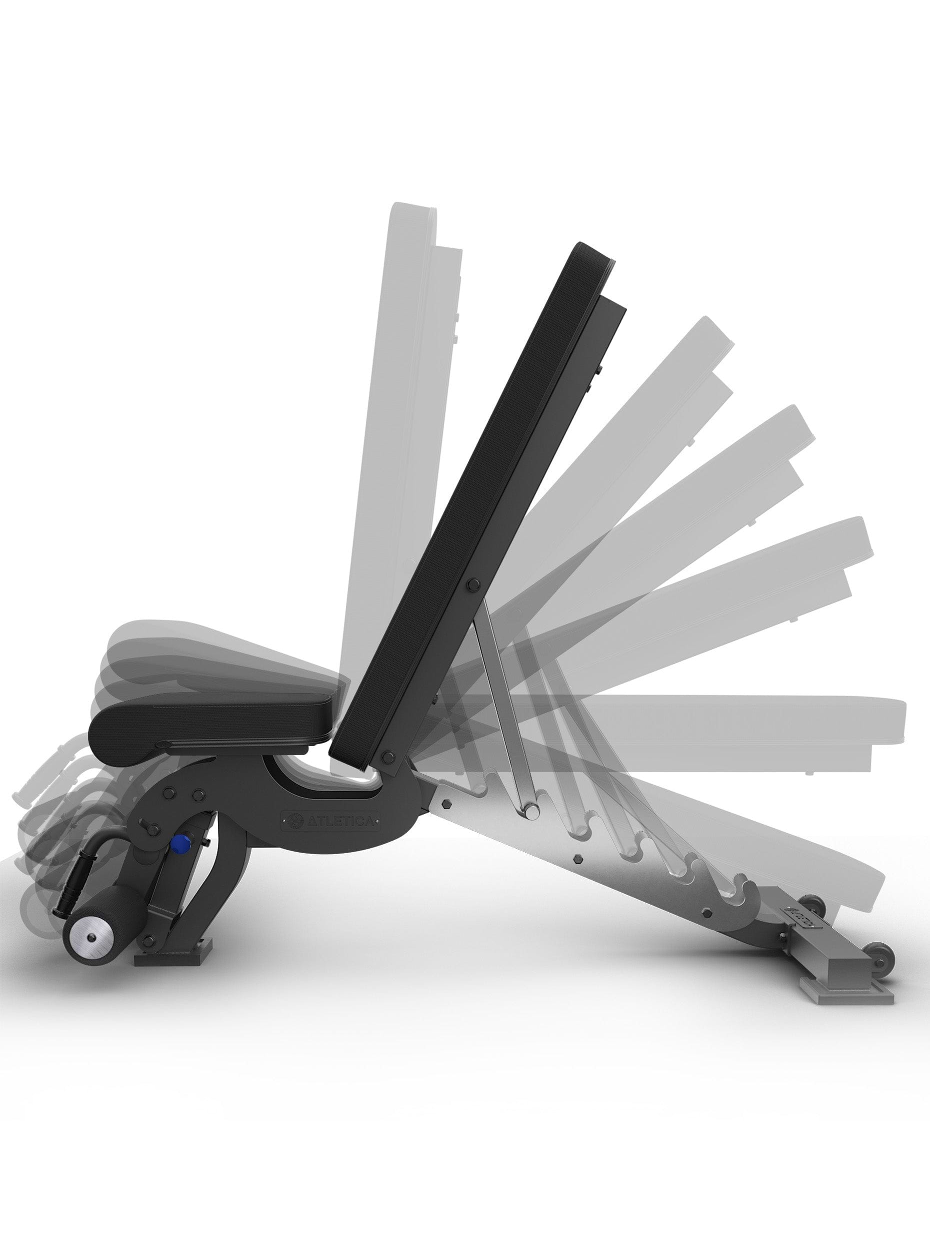 Hantelbank verstellbar in unterschiedlichen Winkeln, von 90° bis Flat Position bis negative Position. Der Sitz und das Fussblocker kann ebenfalls verstellt werden, 