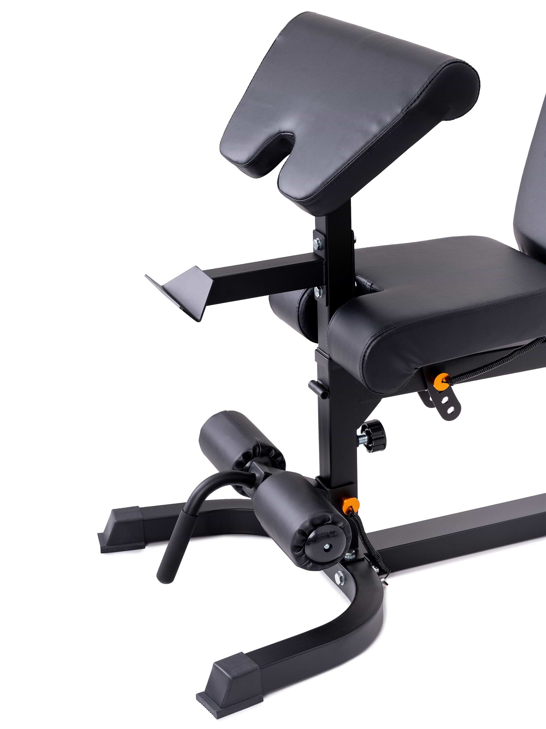 Hantelbank X-BENCH | Multifunktionale Hantelbank | Aufsätze für Bizeps- und Beincurls | Negativ verstellbar | 650kg Belastbarkeit | 8cm dickes Polster
