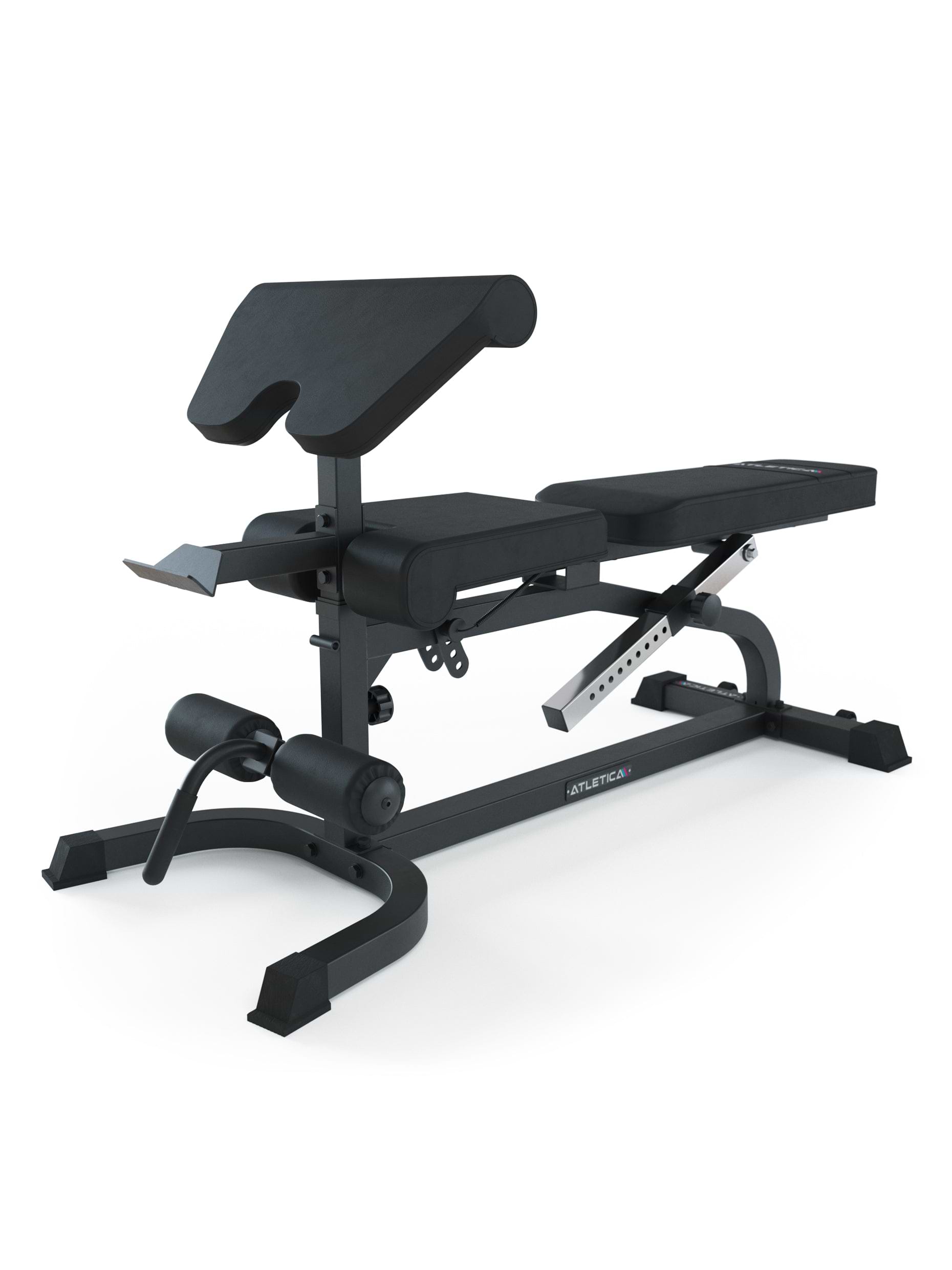 Hantelbank X-BENCH | Multifunktionale Hantelbank | Aufsätze für Bizeps- und Beincurls | Negativ verstellbar | 650kg Belastbarkeit | 8cm dickes Polster