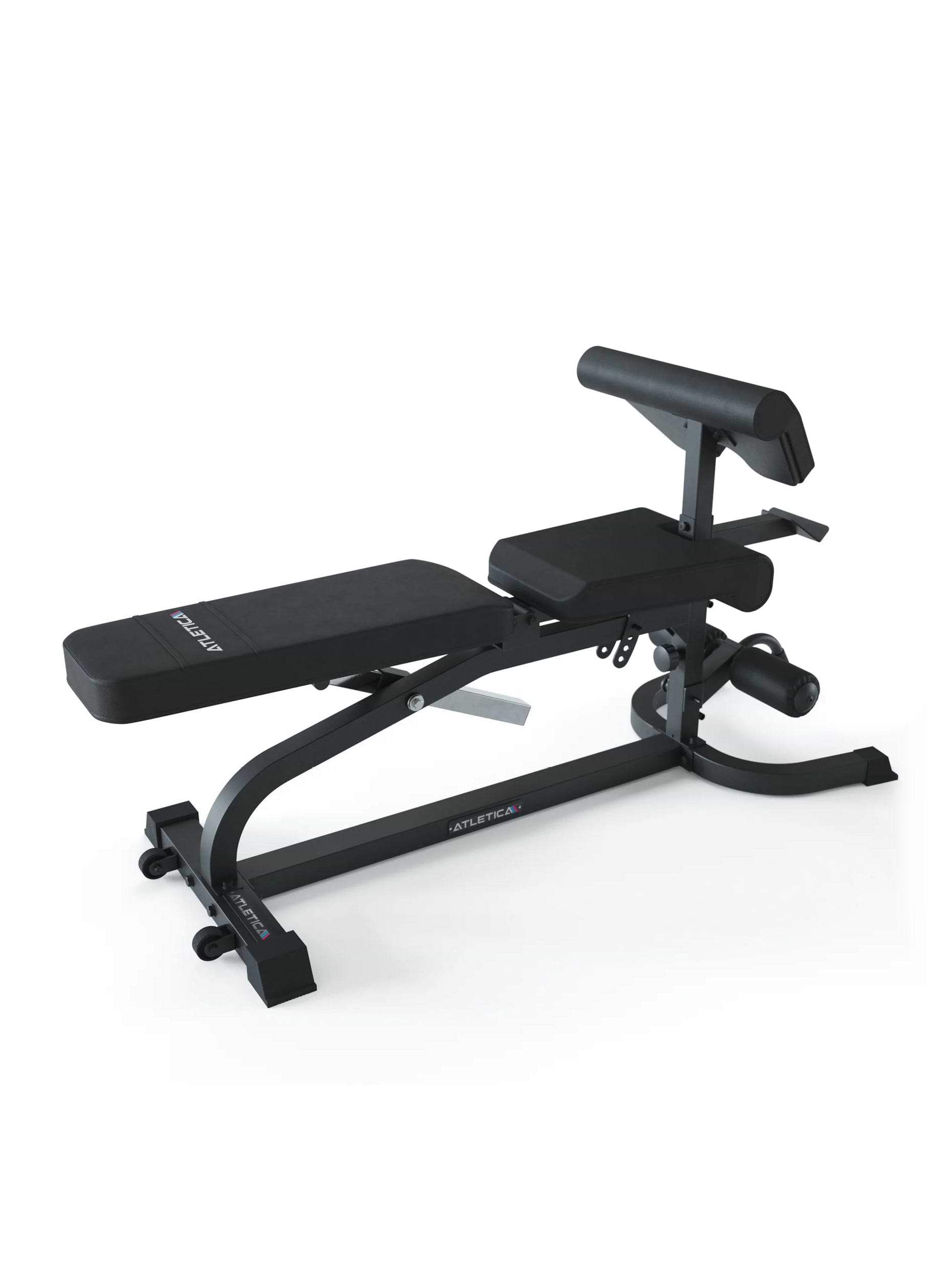 Hantelbank multifunktional X-Bench: Aufsätze für Bizeps- und Beincurls, negativ verstellbar, Verstellbarkeit der Rückenlehne von -15° bis +85°, 3-fache Sitzverstellung, 650kg Belastbarkeit, 8cm dickes Polster