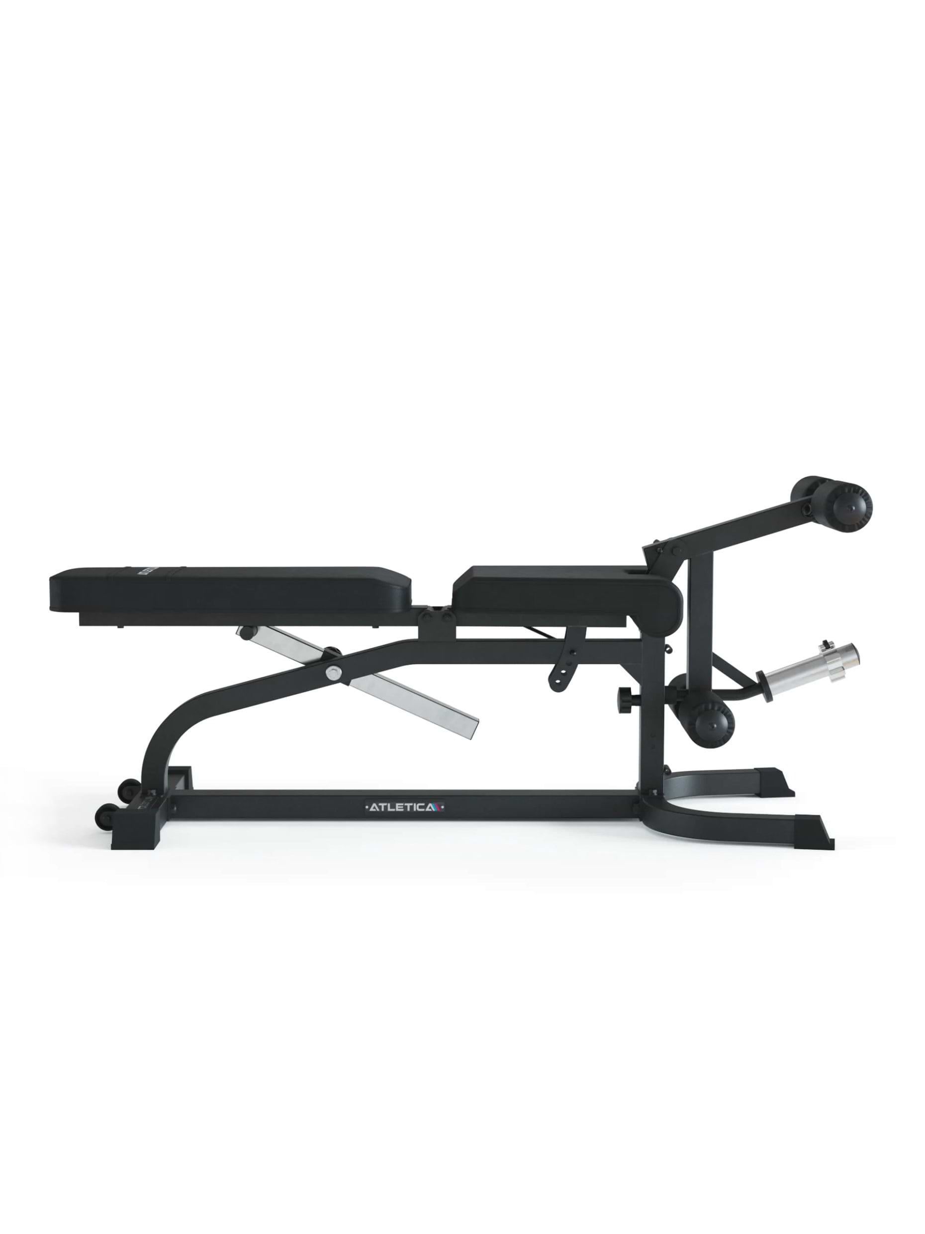 Multifunktionale Hantelbank X-Bench: Aufsätze für Bizeps- und Beincurls, negativ verstellbar