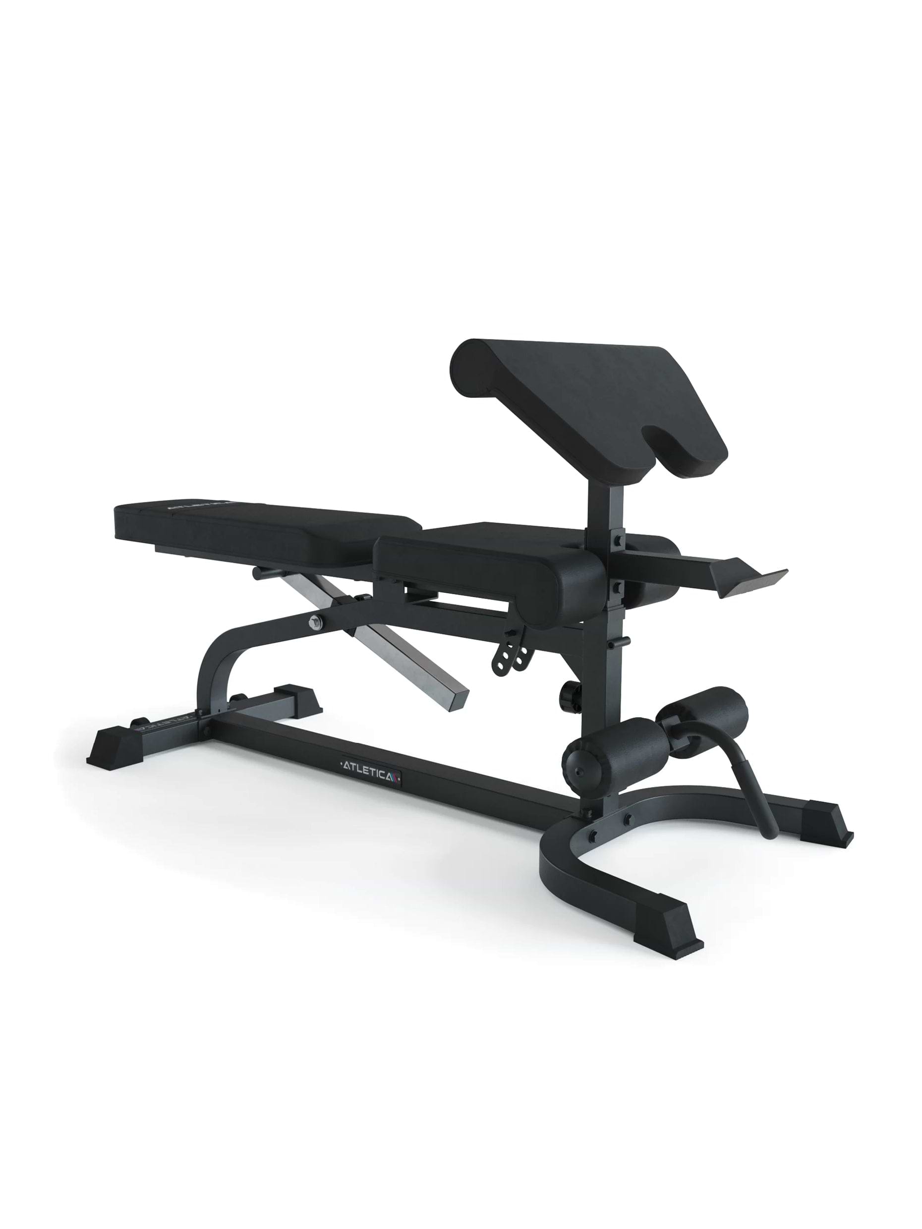 Multifunktionale Hantelbank X-Bench: Aufsätze für Bizeps- und Beincurls, negativ verstellbar