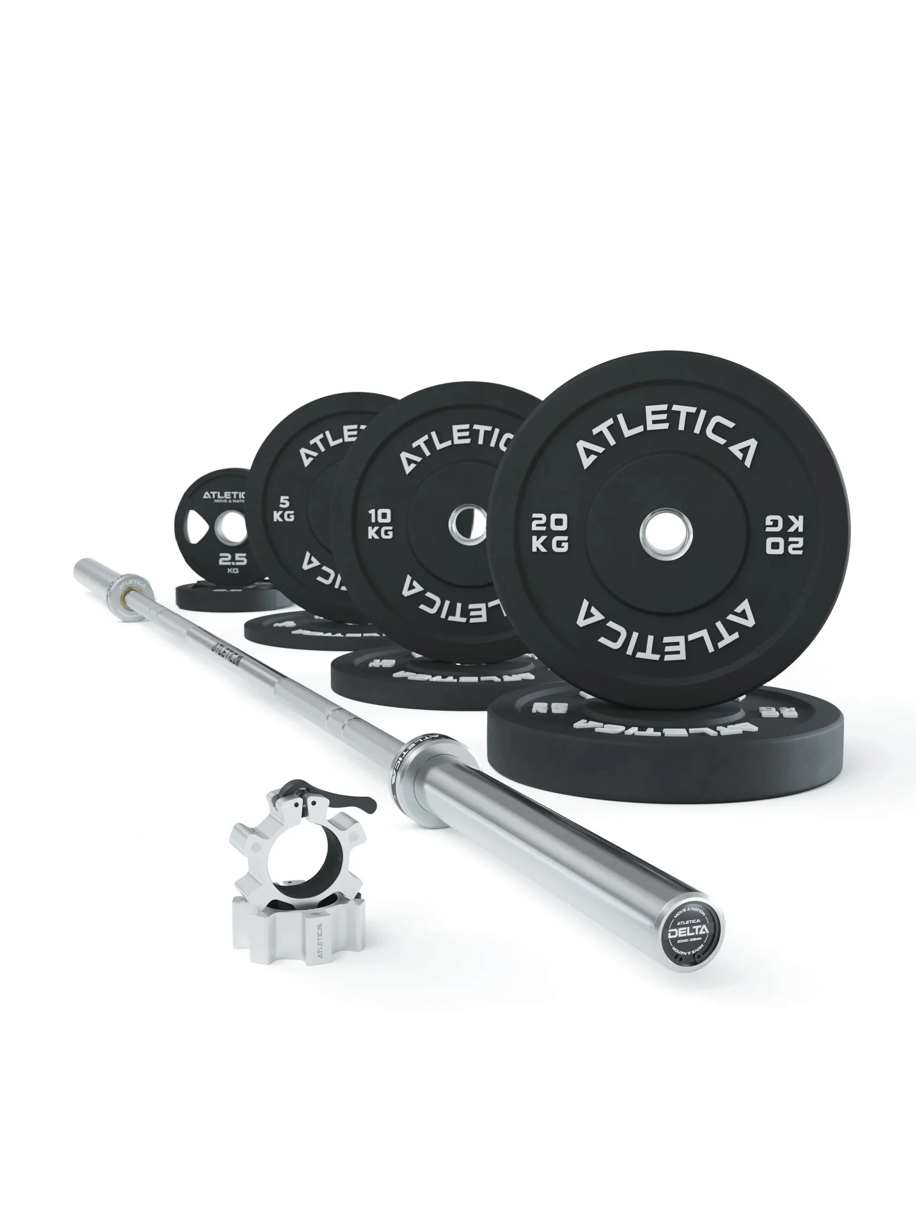 ATLETICA Langhantel Set | Delta HighRep Set: Powerlifting Gamma Hantelstange | 190kg Color Bumper Plates | Pro Collars | Ideal für Kraftdreikampf-Übungen | Ø 50 mm#material_chrome