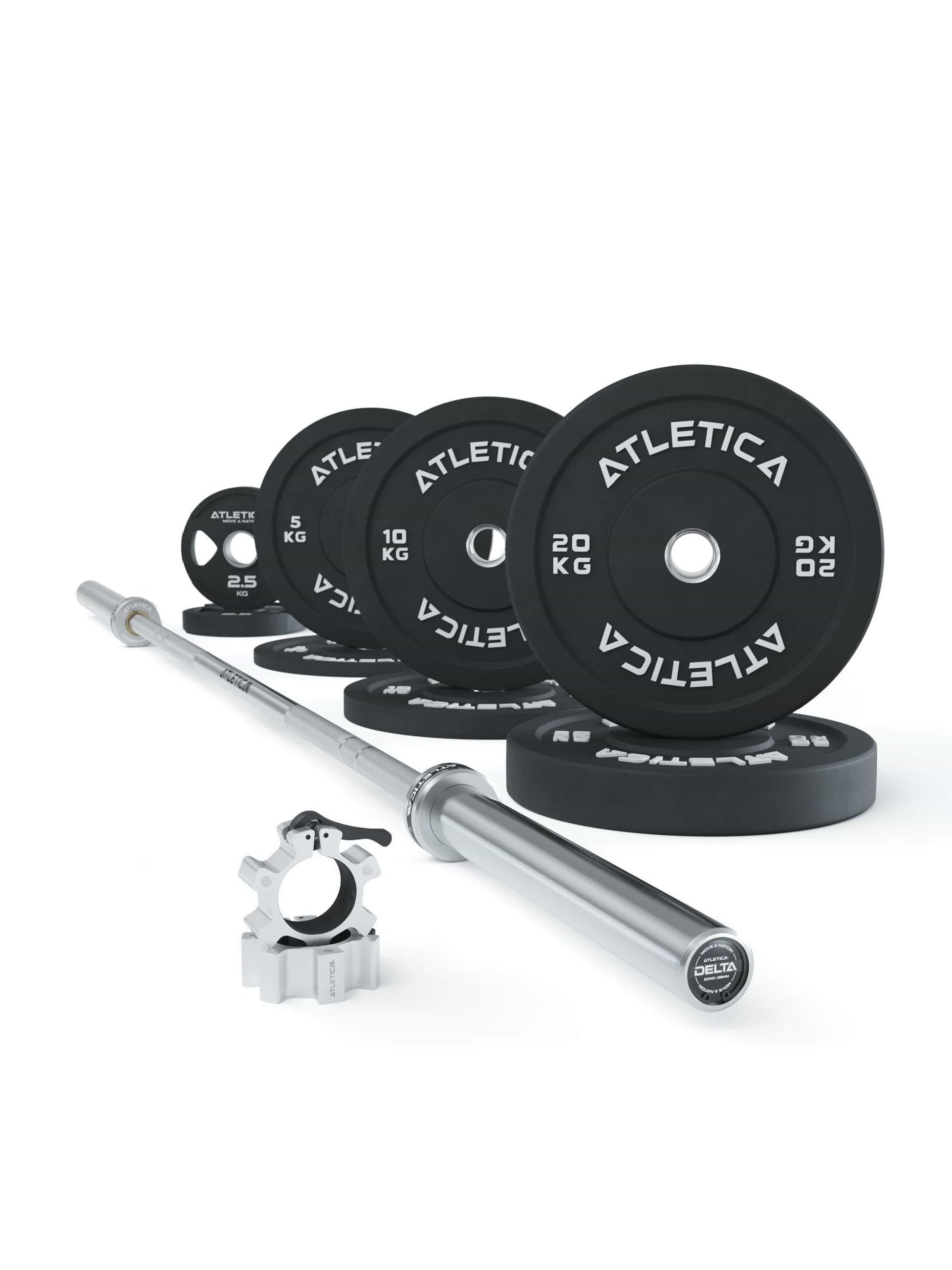 ATLETICA Langhantel Set | Delta HighRep Set: Powerlifting Gamma Hantelstange | 190kg Color Bumper Plates | Pro Collars | Ideal für Kraftdreikampf-Übungen | Ø 50 mm#material_chrome