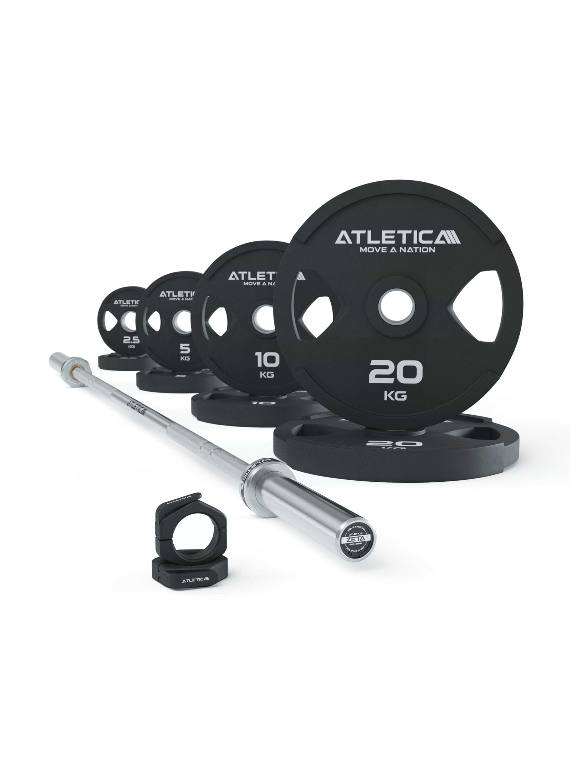 Hantelstangen Set Zeta: Zeta Hybrid Langhantel 1880mm | 32cm geringere Länge ideal für kleine Räume | 75kg Dual-Gripper Plates | Slim Collars