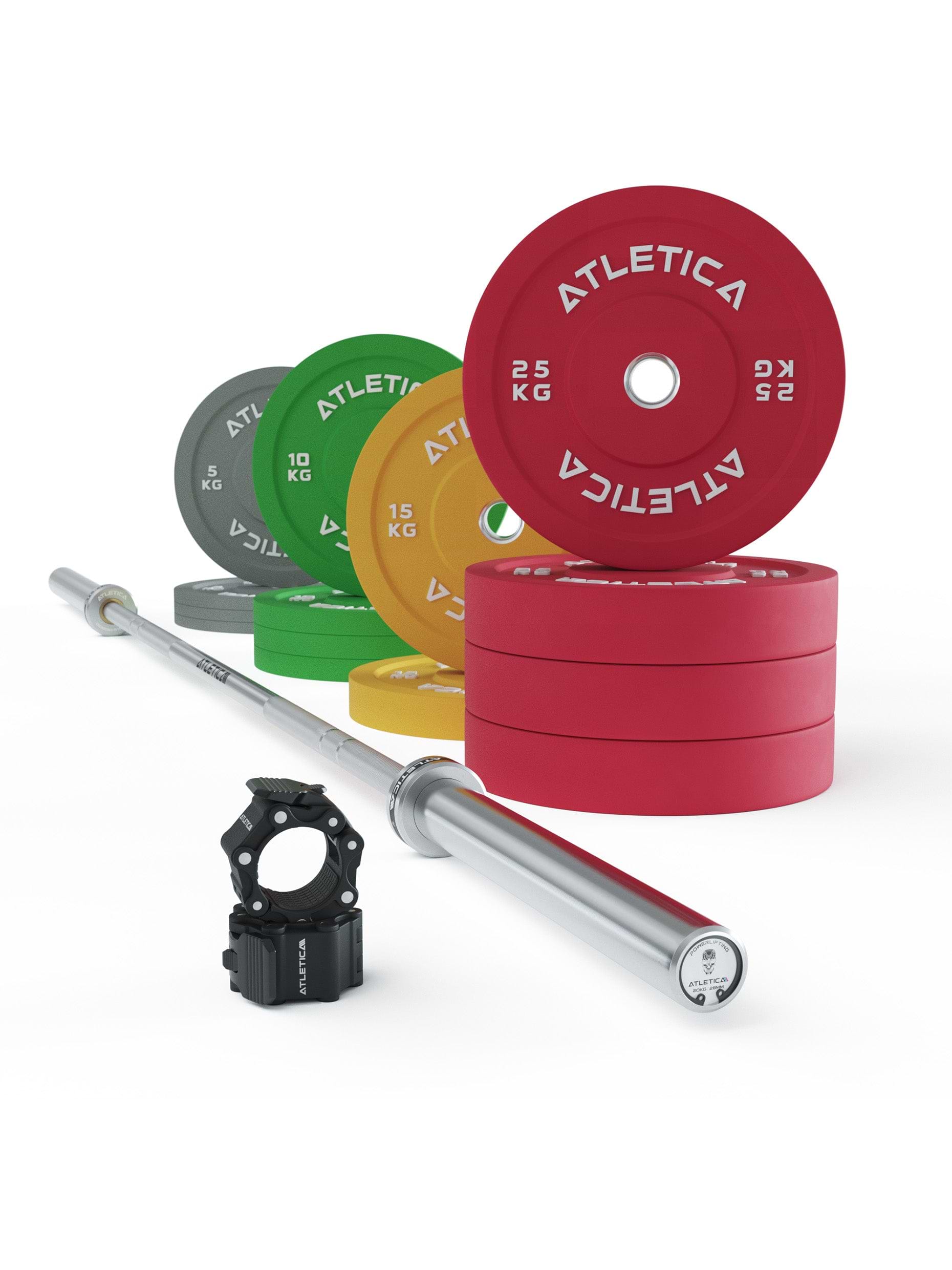 Langhantel Gamma Set: Powerlifting Hantelstange | 190kg Color Bumper Plates | Pro Collars | Ideal für Kraftdreikampf-Übungen | Ø 50 mm,