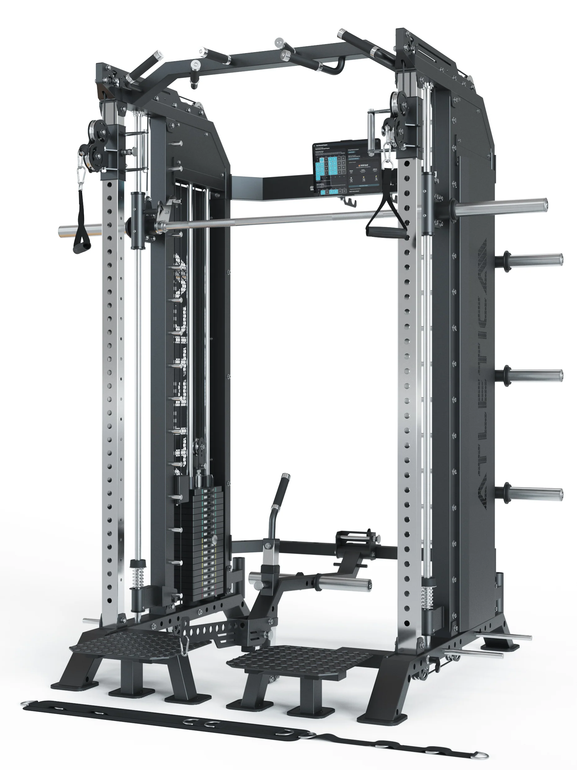 Kraftstation Pro HellRaiser: Multipresse – Counterbalanced und linear gelagert,
Belt Squat Machine inklusive,
Dualer Kabelzug mit 2x 90kg Steckgewichten