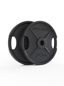 ATLETICA 2H Iron Plates - Two black cast iron weight plates, je 20 kg, grips, aufrecht standing