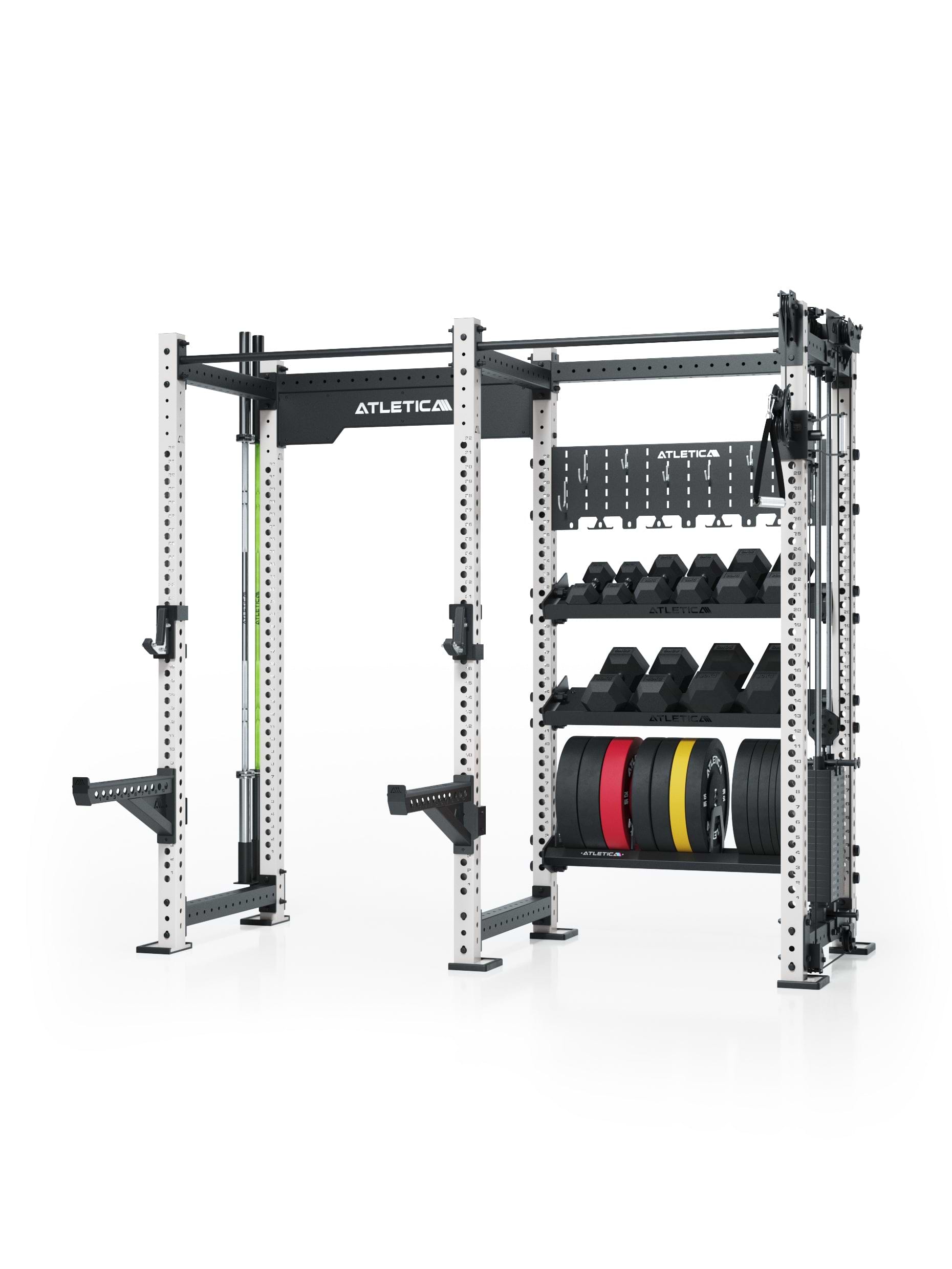 R8 Falcon Power Rack mit integrierten Regalböden für die Lagerung von Kurzhanteln und Bumper Plates