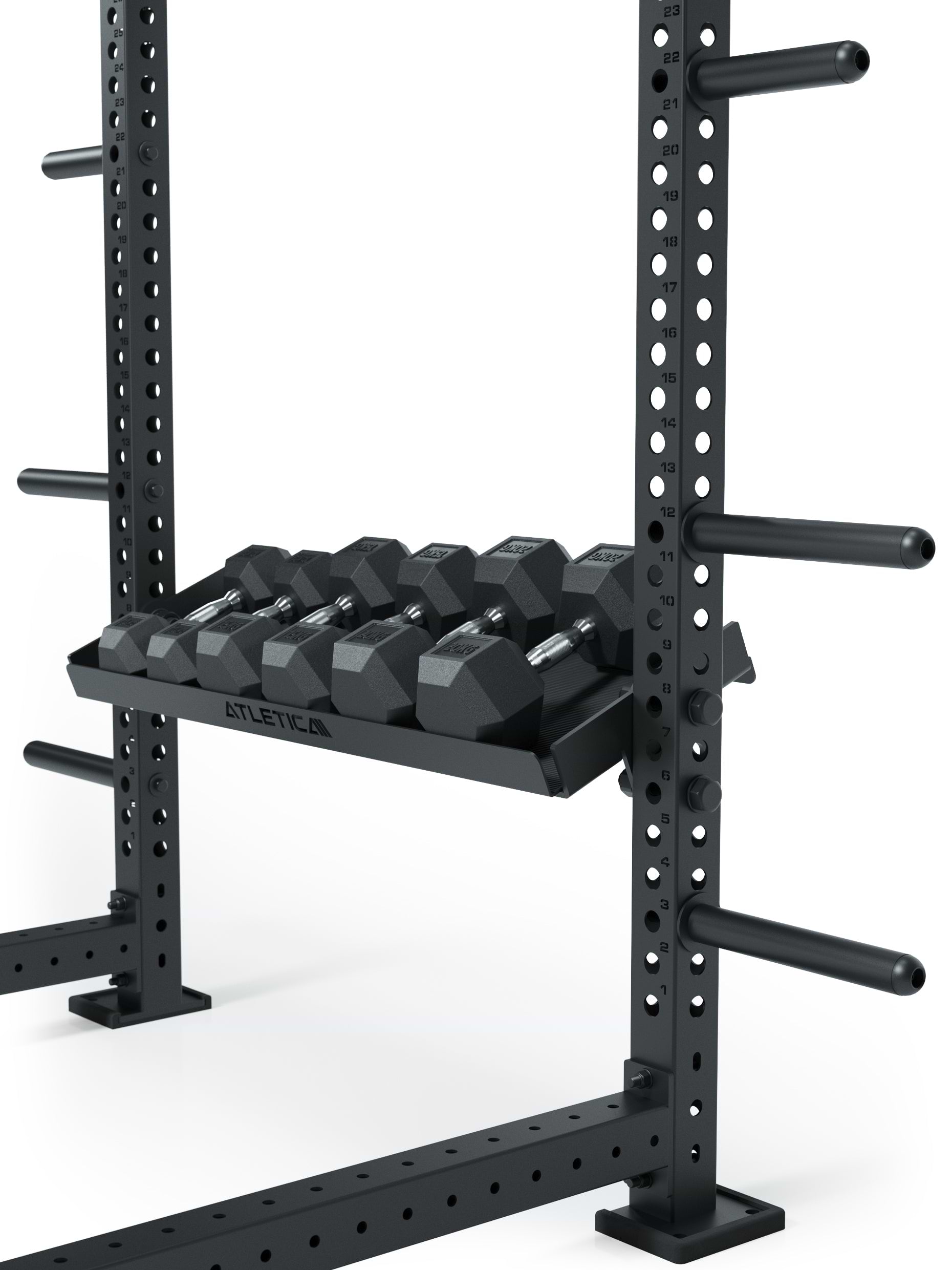 Ablage mit leicht erhöhtem Rand für sicheren Halt deiner Kurzhanteln und Kettlebells