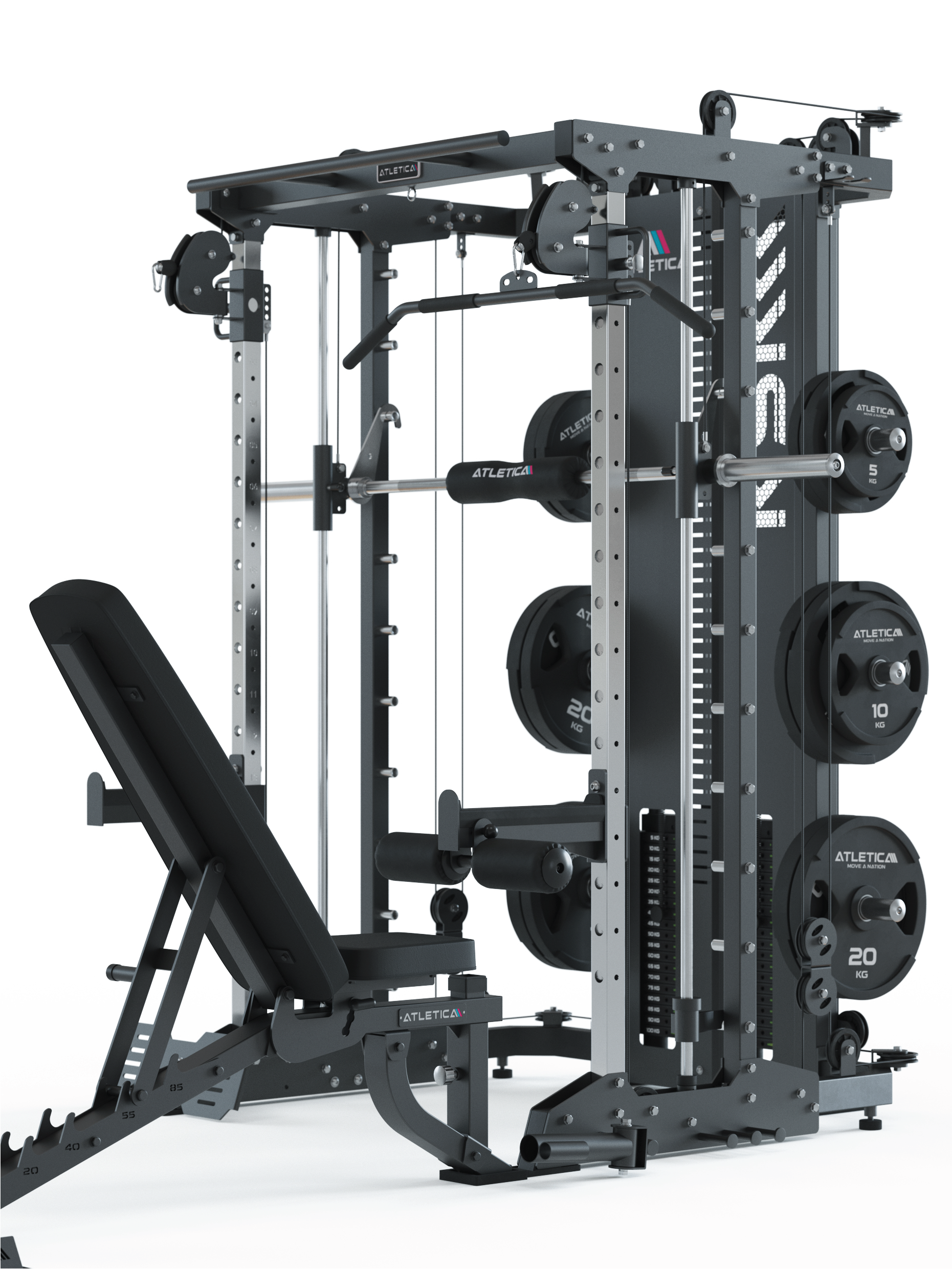 KSK Reloaded Set aus KSK Multipresse mit Weight Stack & B2 Hantelbank mit Optionen für Arm- und Beintraining