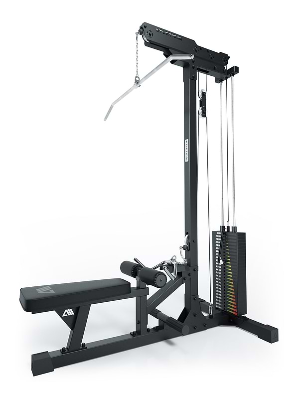 ATLETICA lat machine con stazione per remare, barra di trazione, seduta lat machine e pesi a innesto 125 kg