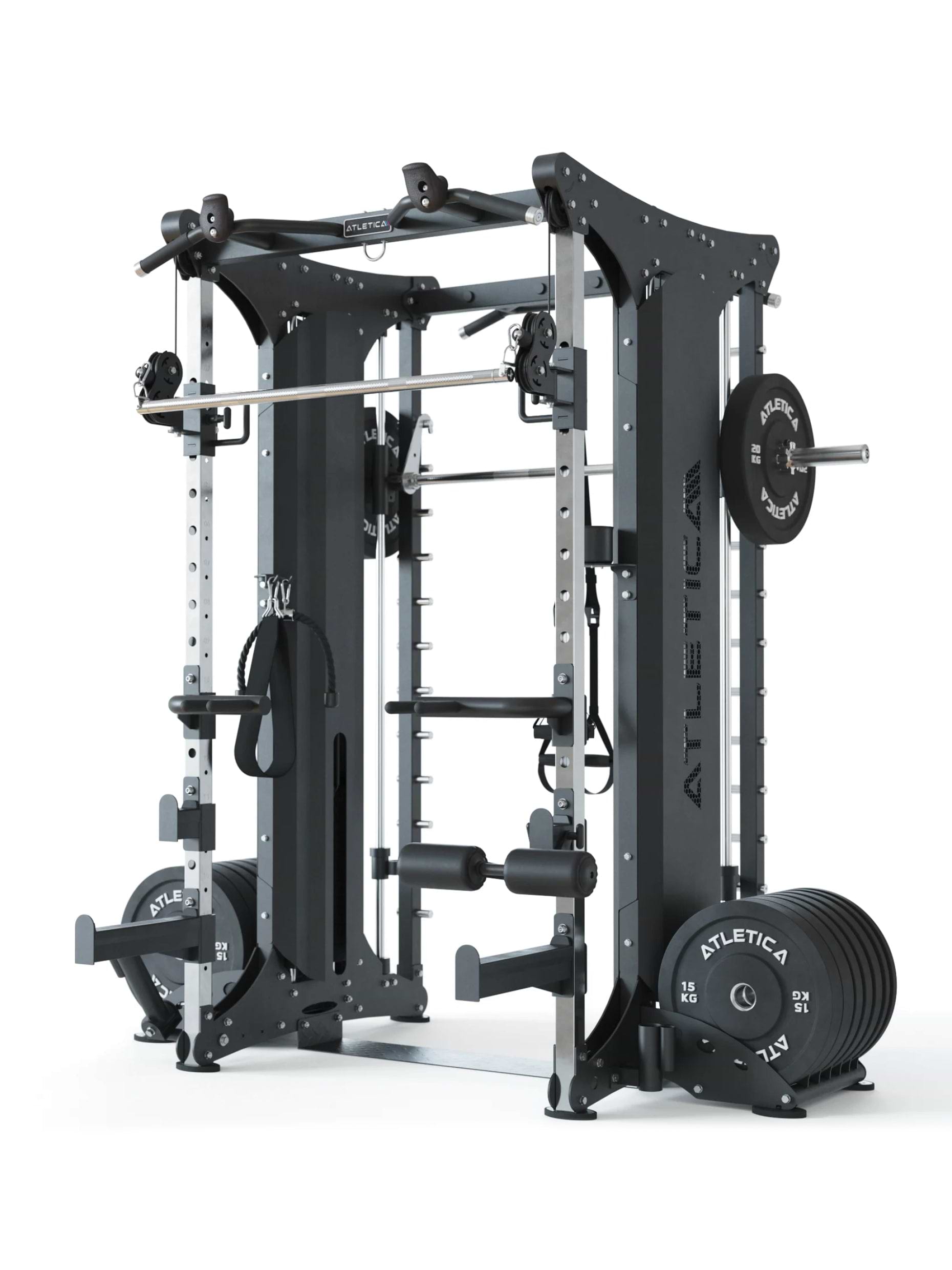 Kraftstation mit Steckgewichten, Doppelseitige Smith Maschine X-Dual: entkoppelte Smith- und Kabelzugfunktion, zwei separat aufgebaute Einheiten, Ganzkörpertraining mit Hantelbank