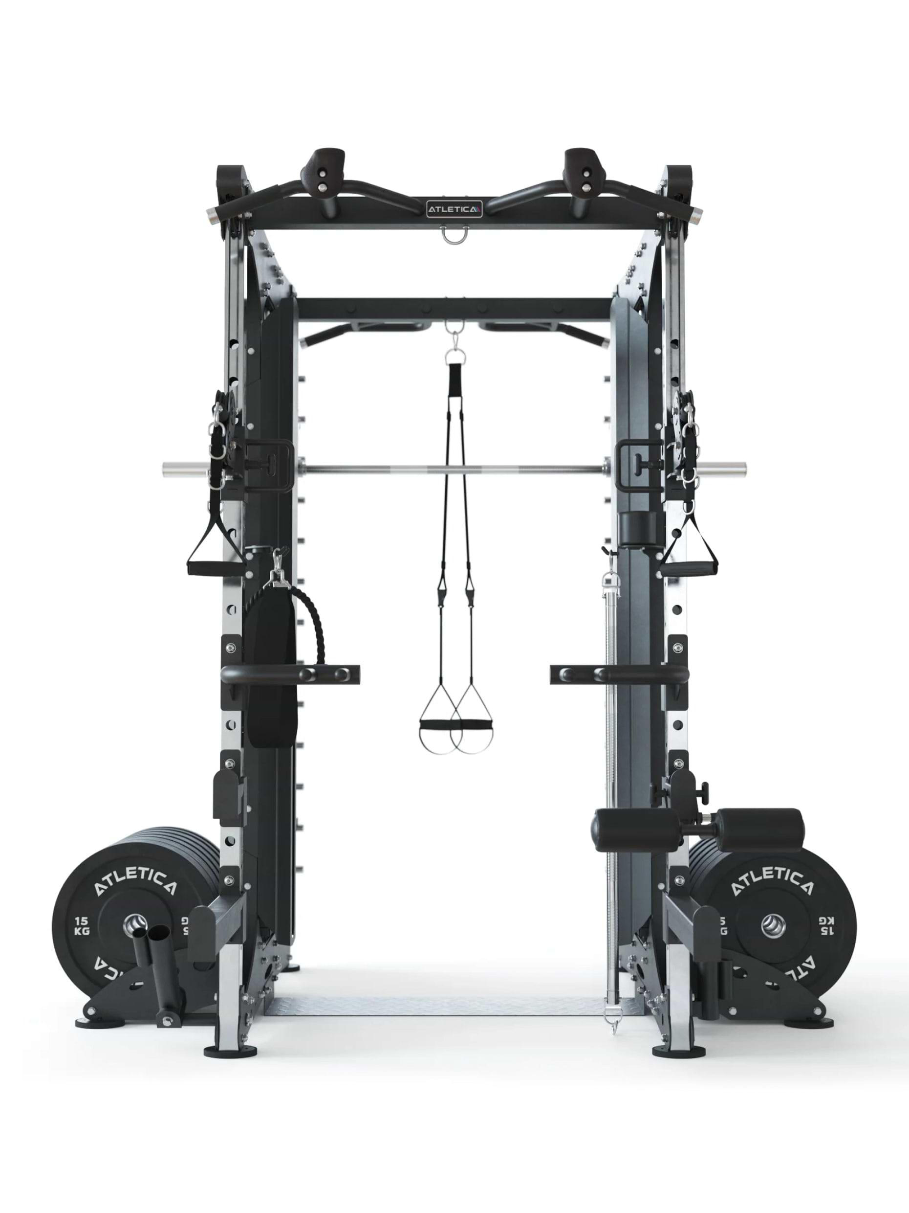 Kraftstation mit Steckgewichten, Doppelseitige Smith Maschine X-Dual: zwei separat aufgebaute Einheiten, für Ganzkörpertraining