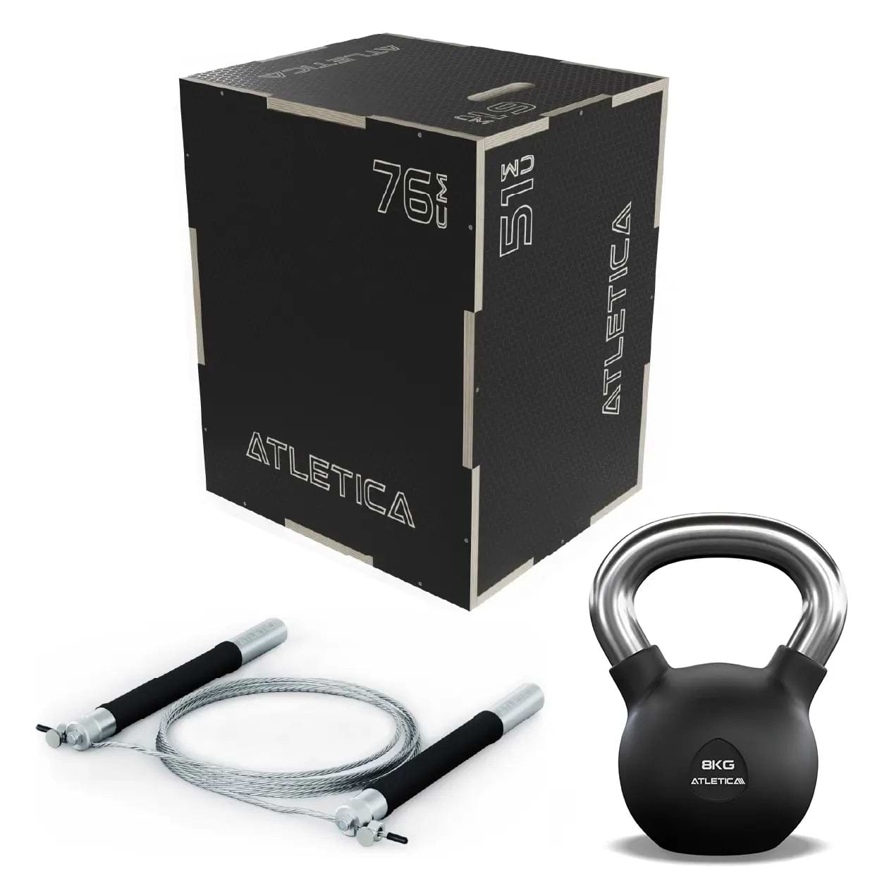 Atletica Lower Body Warm-Up Set 1 - Schwarze Plyo-Box, Springseil mit Metallgriffen, schwarze Kettlebell 8 kg