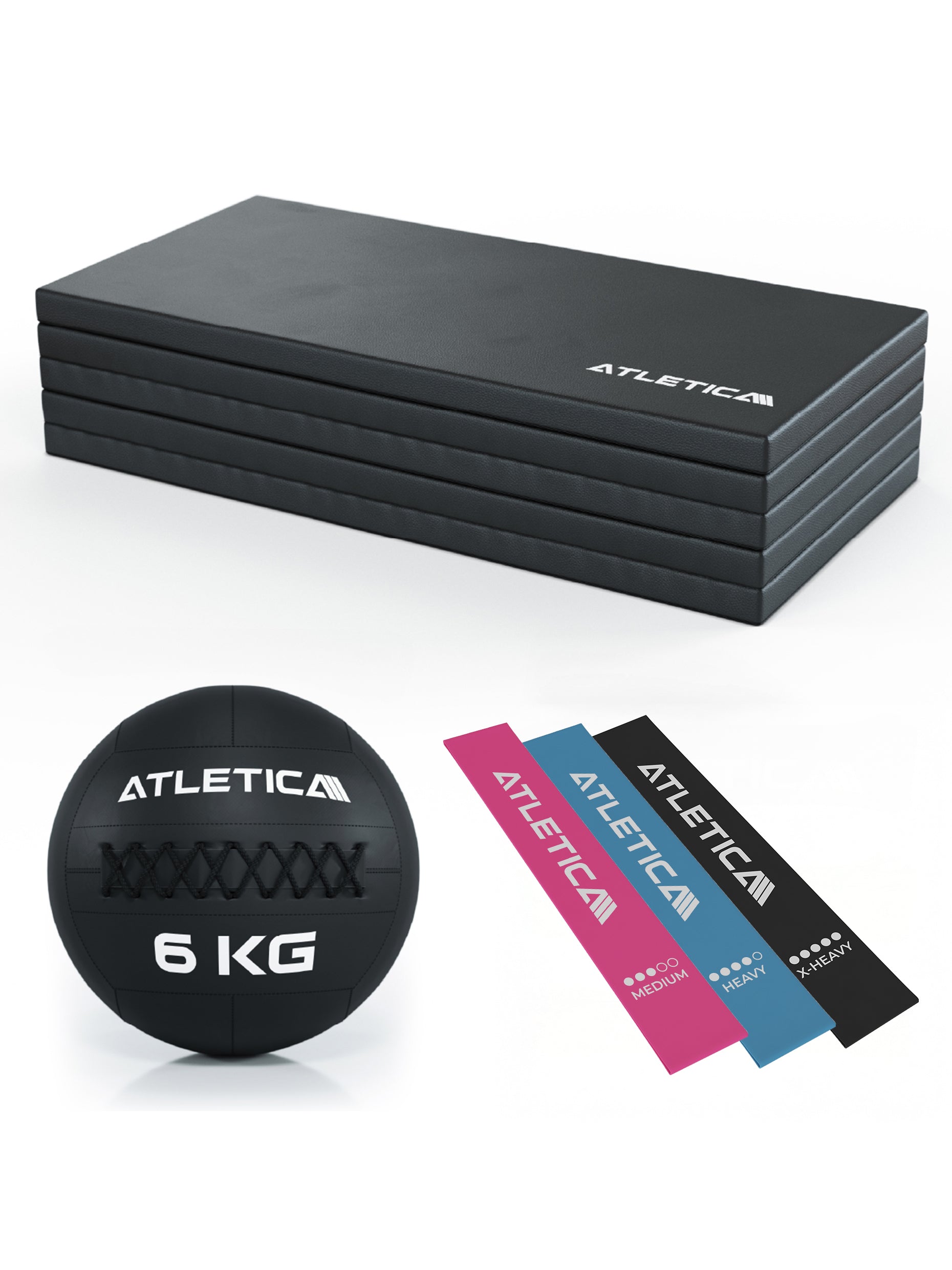 Lower Body Warm-Up Set 4: Zenfold Gummimatte, 6kg Wallball, Widerstandsbänder