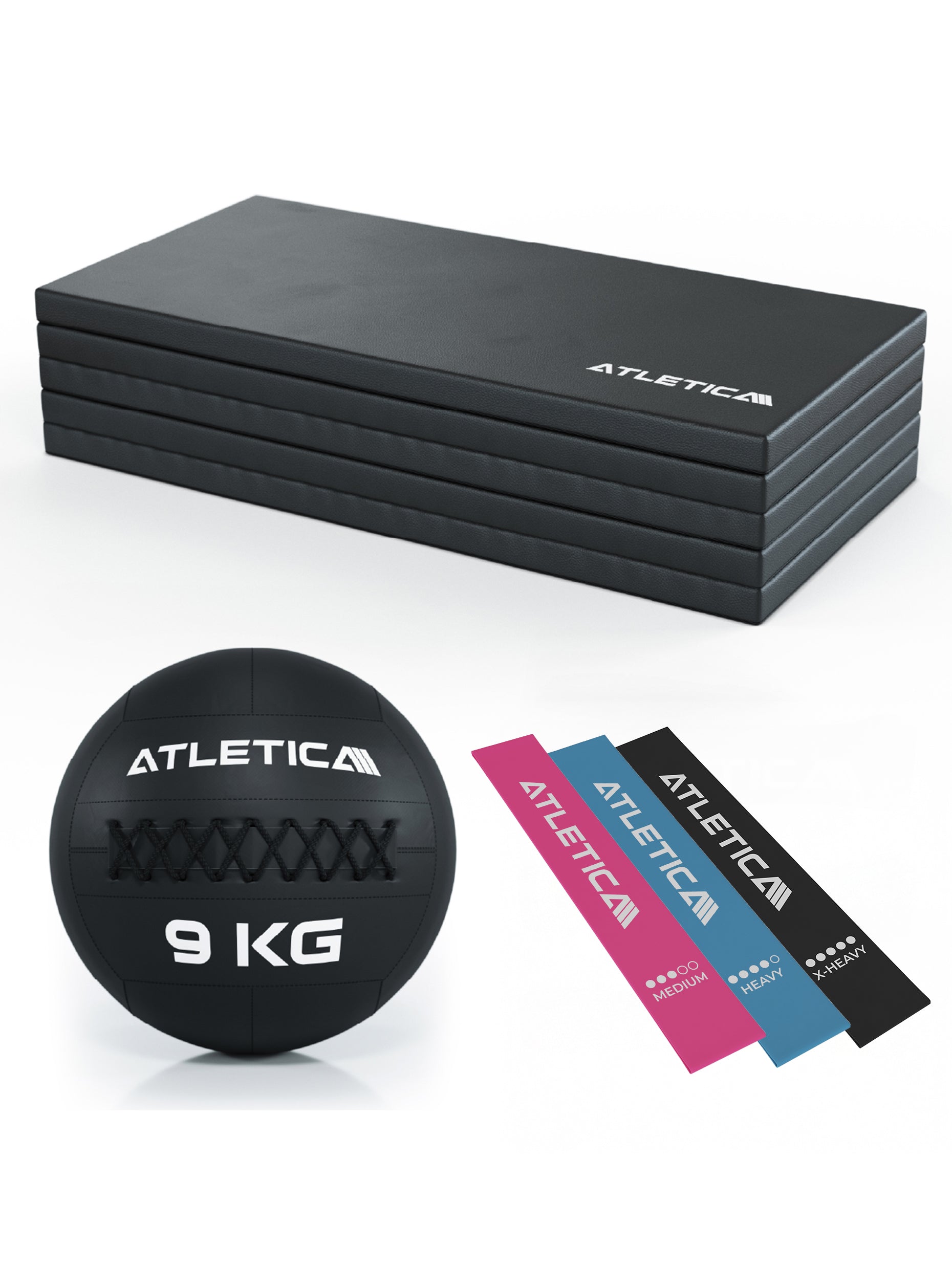 Atletica Lower Body Warm-Up Set 5: Zenfold Gummimatte, 9kg Wallball, Widerstandbänder
