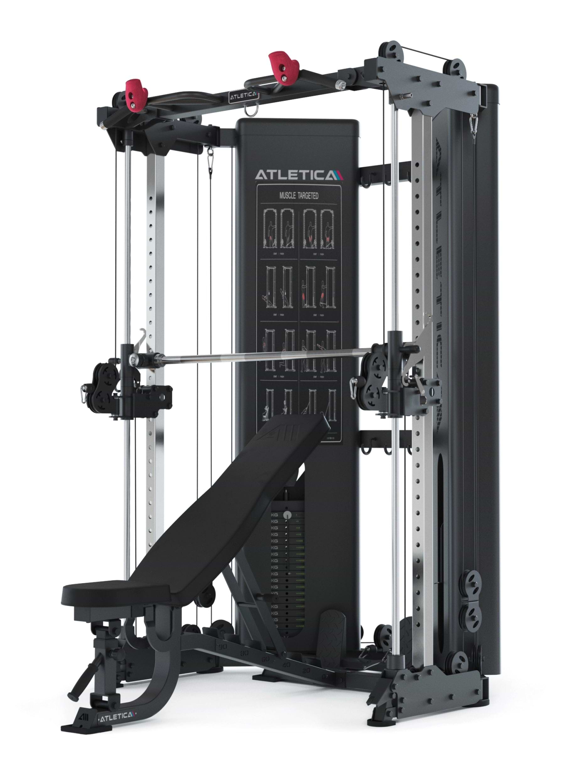 X-Pollux Functional Trainer & Smith Machine mit Steckgewichten | sehr platzsparend, Training ohne Hantelscheiben, mit Hantelbank