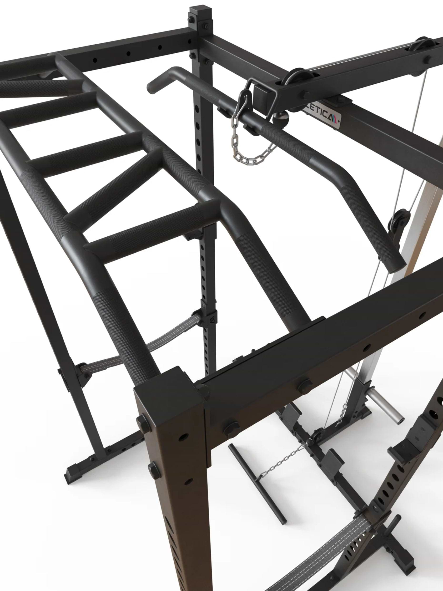 Power Cage Vega R5 Serie: Power Rack mit Latzug, Multi-Grip Pull-Up Bar, Pin-and-Pipe-Safeties, J-Hooks und Weight-Pins, ideal für Fitnesstraining mit Gewichten und Hantelbank,