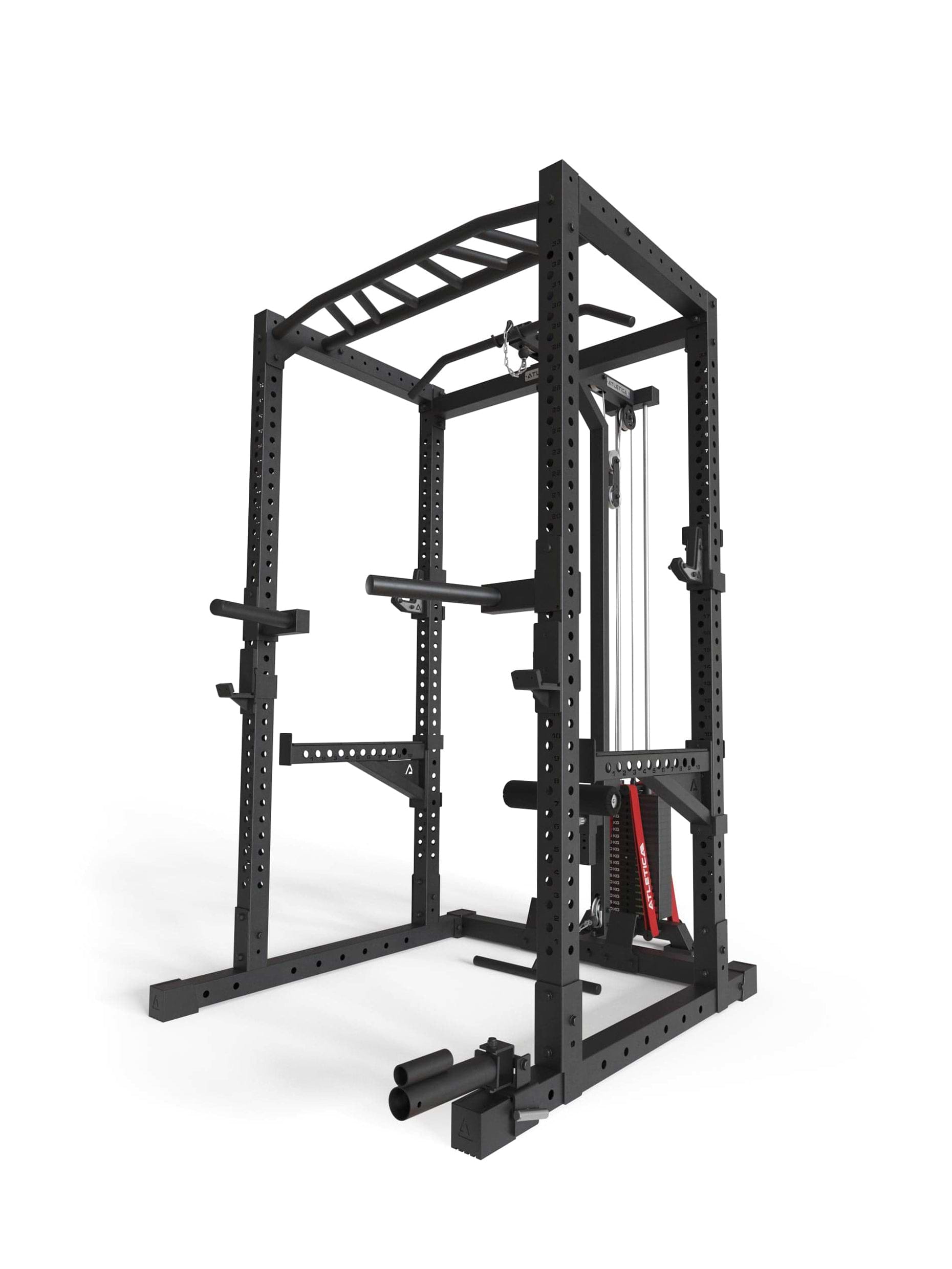 Power Rack R7-Cyrax: 90kg oder 120kg Steckgewichte | Squat Rack mit Latzug und Legblocker | Rudereinheit | Multi-Grip Klimmzugstange | Safety Spotter Arms | Dip Station | Landmine | in zwei Höhen verfügbar, 