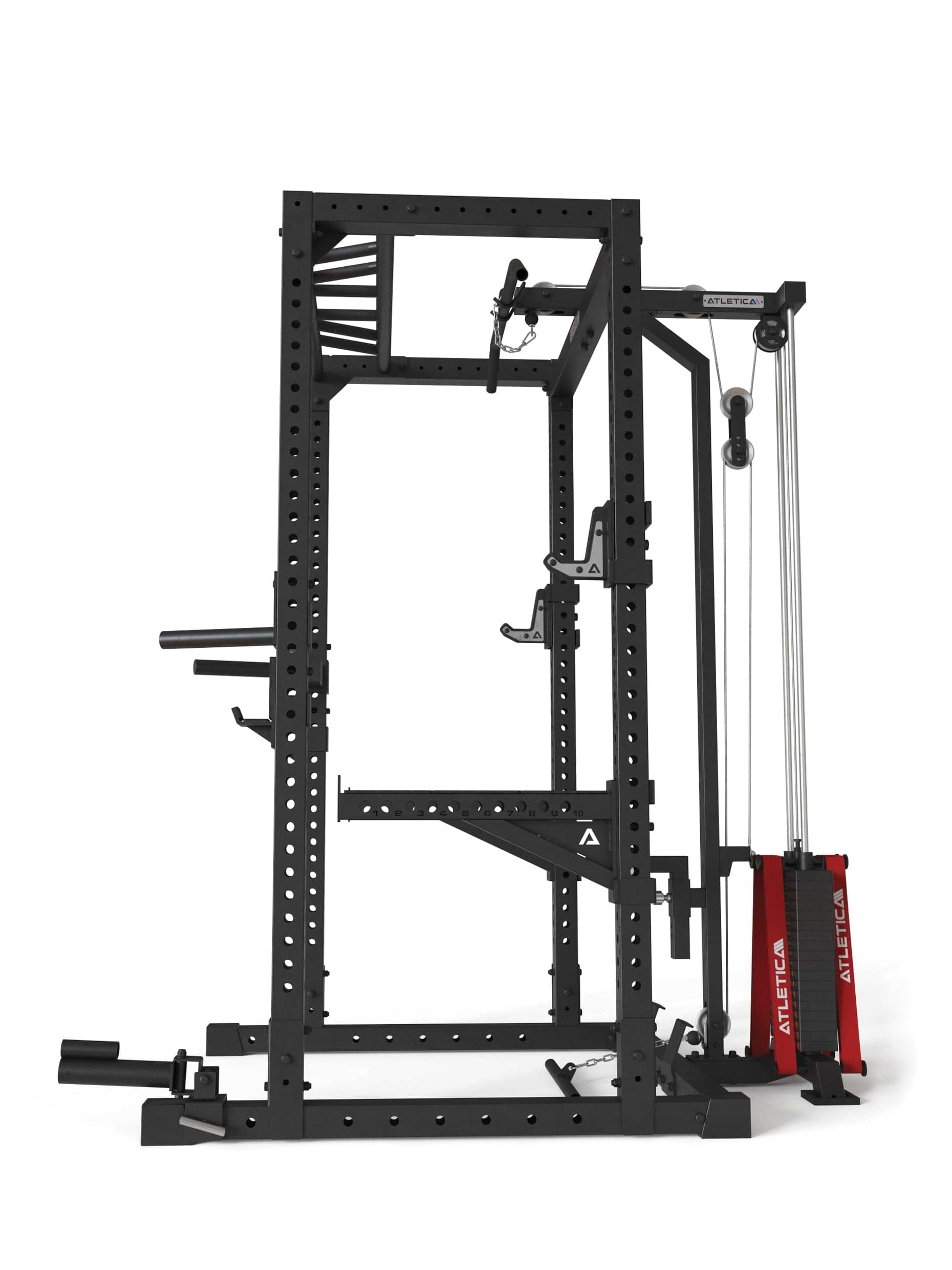 Power Rack R7-Cyrax: Squat Rack mit Latzug und Legblocker | Rudereinheit | Multi-Grip Klimmzugstange | Safety Spotter Arms | Dip Station | Landmine | in zwei Höhen verfügbar, 