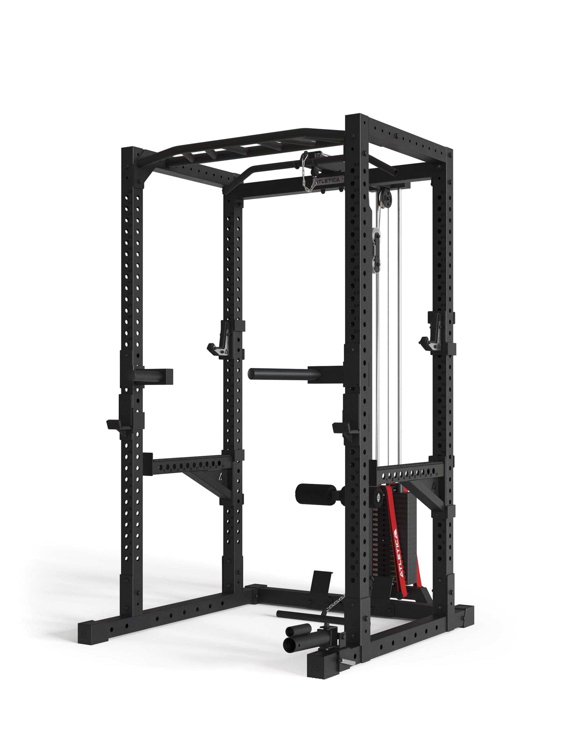 Power Rack R7-Cyrax: mit Latzug und Legblocker | Rudereinheit | Multi-Grip Klimmzugstange | Safety Spotter Arms | Dip Station | Landmine | in zwei Höhen verfügbar, 