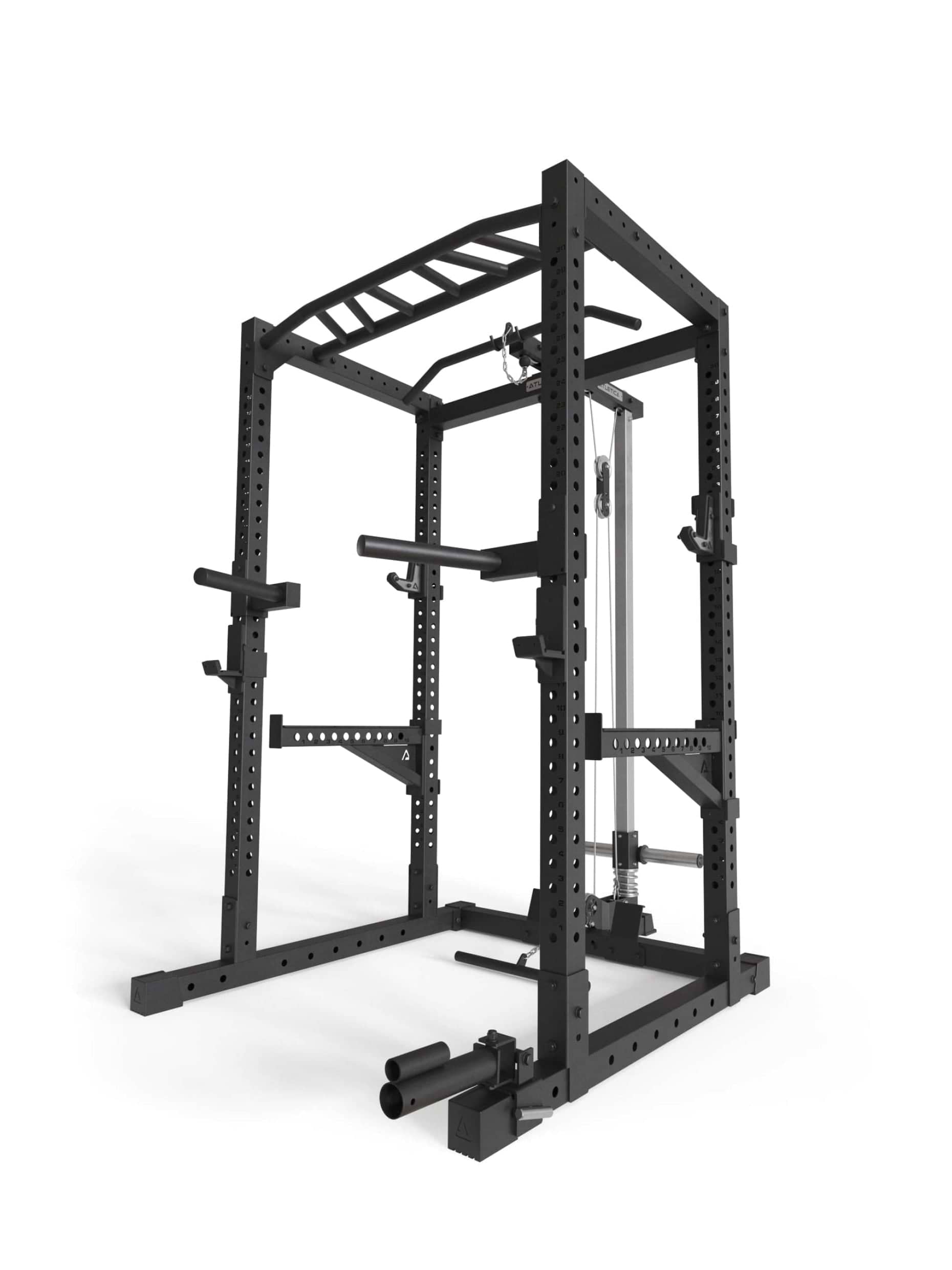 Power Rack R7-Cage: Squat Cage mit Latzug und Ruderstation | Multi-Grip Pull-Up Bar | Dip Station | Spotter Arms | 4 J-Hooks und Landmine | in zwei Höhen verfügbar, 