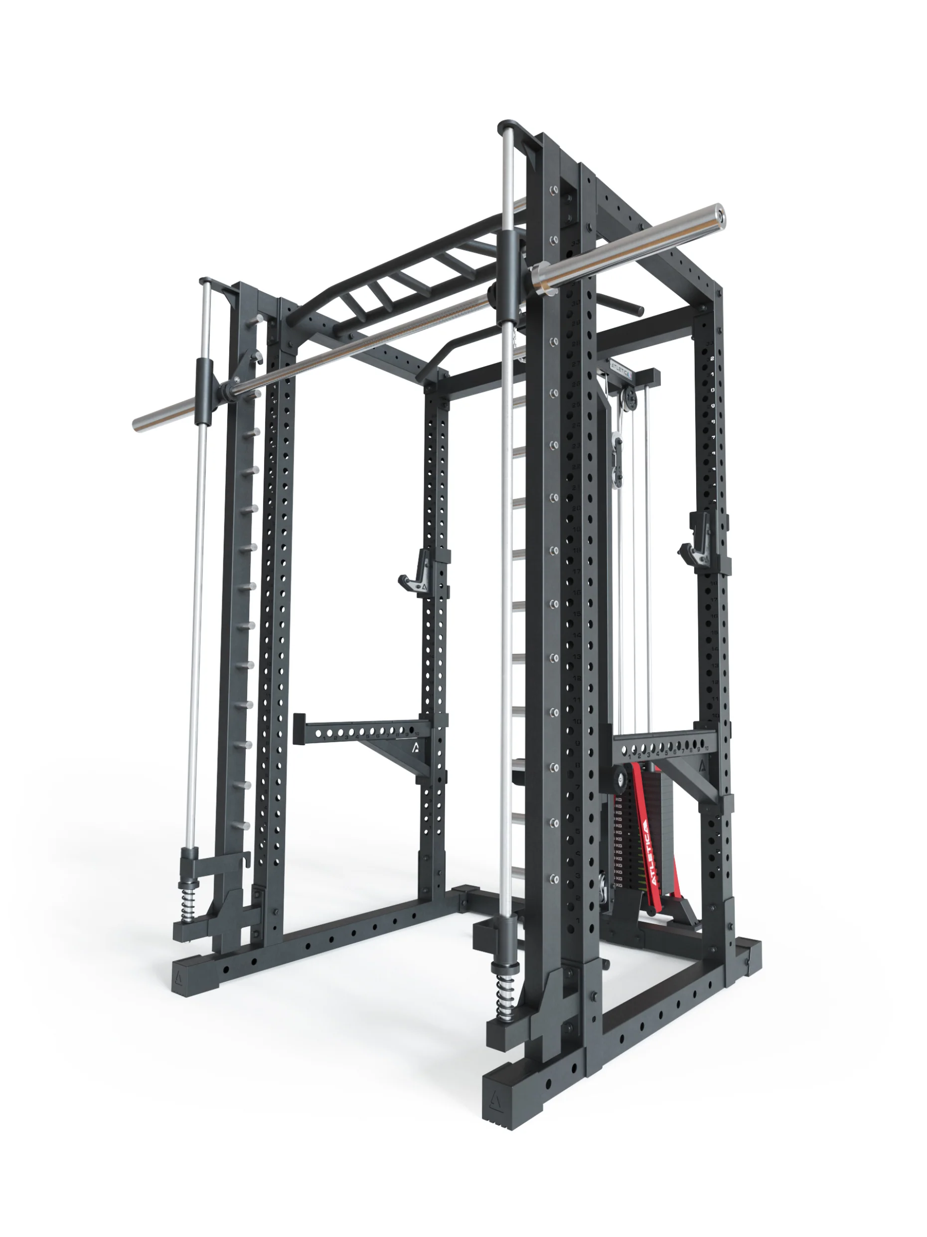 Power Rack R7-Daemon: Squat Rack mit Latzug und Smith Machine | Smith kann optional vorne oder hinten angebracht werden | Integrierter Langhantel | in zwei Höhen verfügbar, #size_224-cm