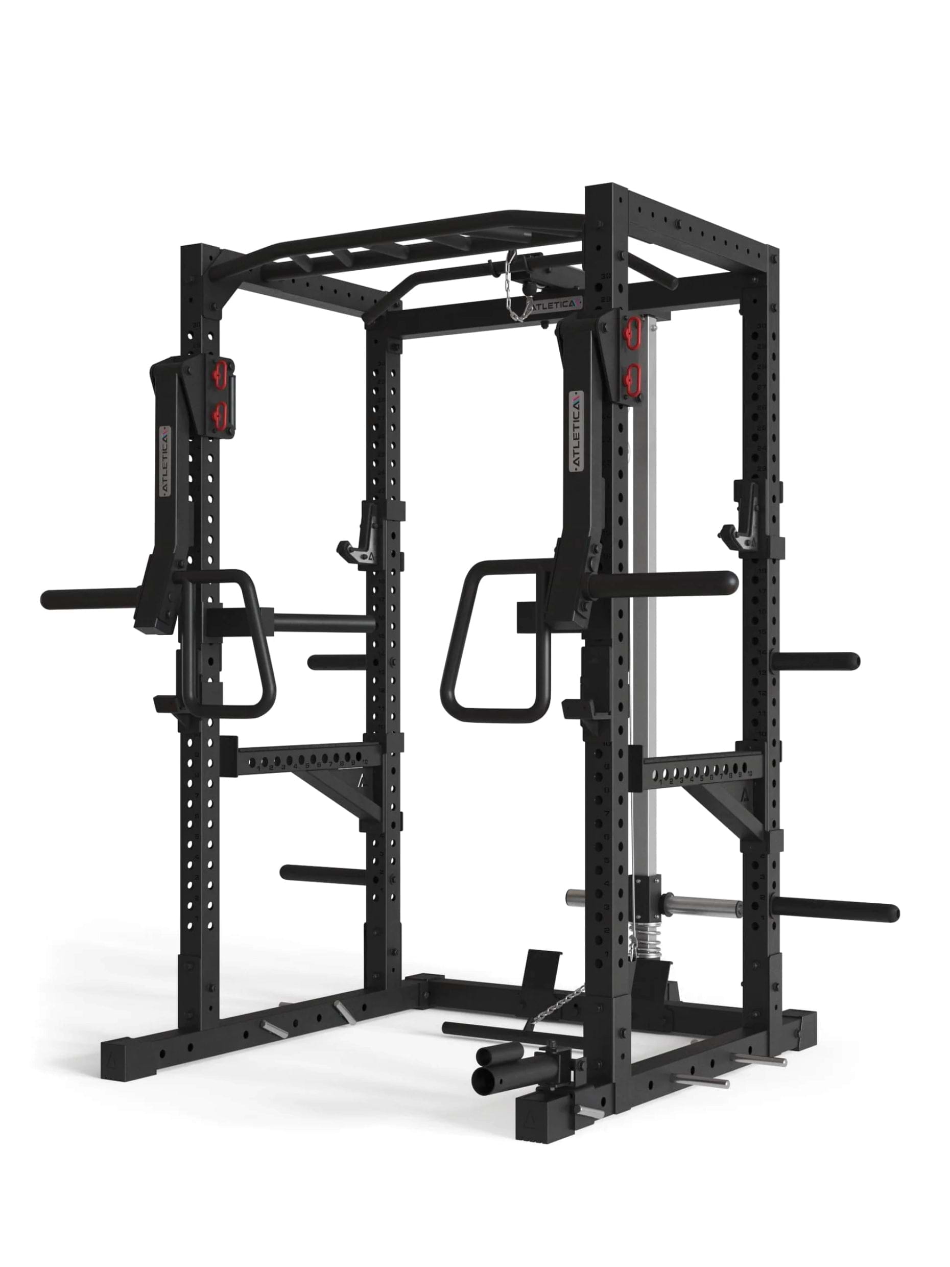 Squat Rack R7-Kano mit Latzug: Ruderstation | Jammer Arms | Klimmzugstange | Dip Bar | Landmine | J-Hooks, Weight-Pins & Band Pegs | in zwei Höhen verfügbar, 