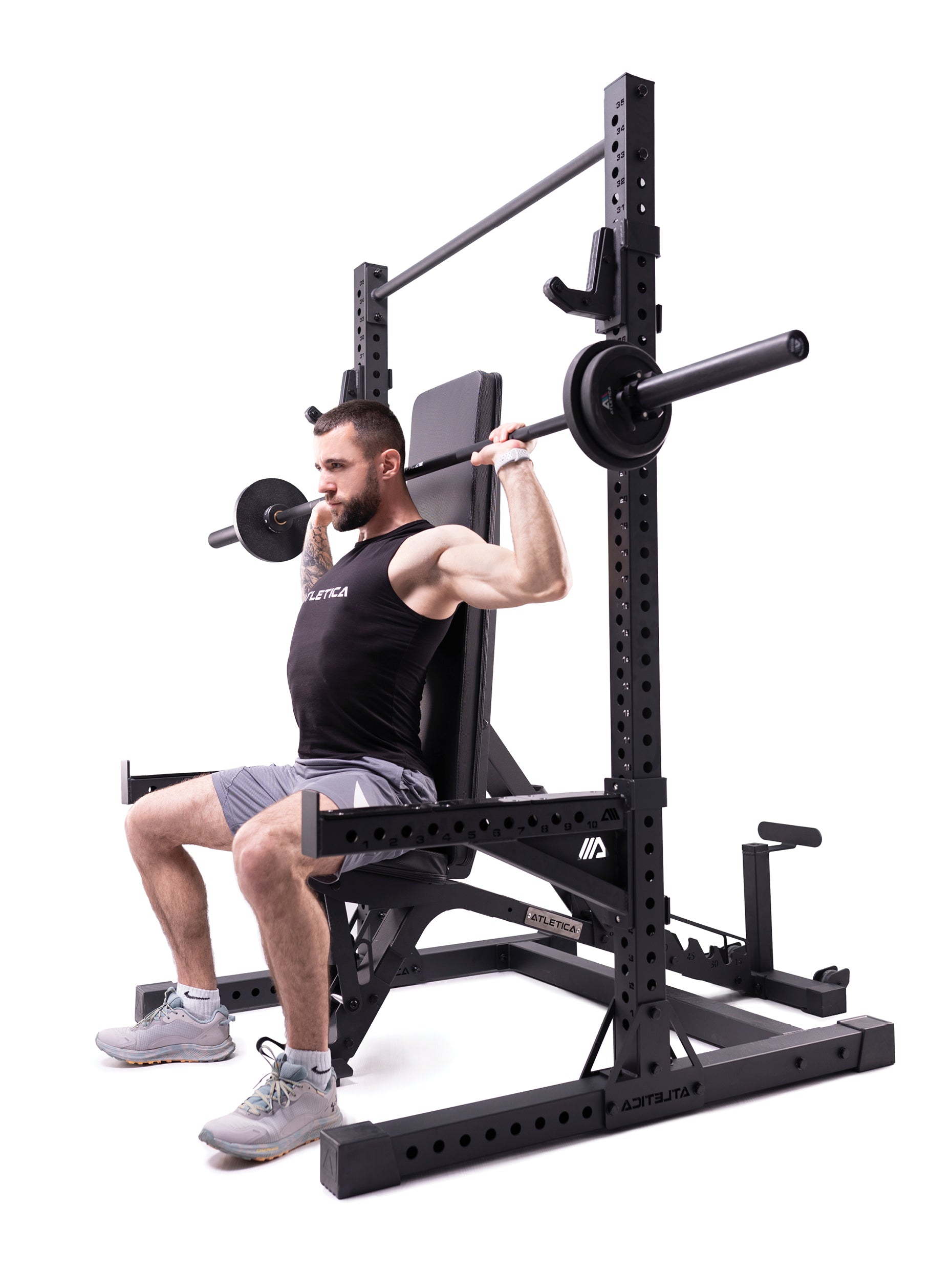 Full Rack, Squat Rack R7 Serie: ideal für Räume mit unterschiedlichen Deckenhöhen | Spotter Arms, weite J-Hooks inklusive, Training im Fitnesstudio 