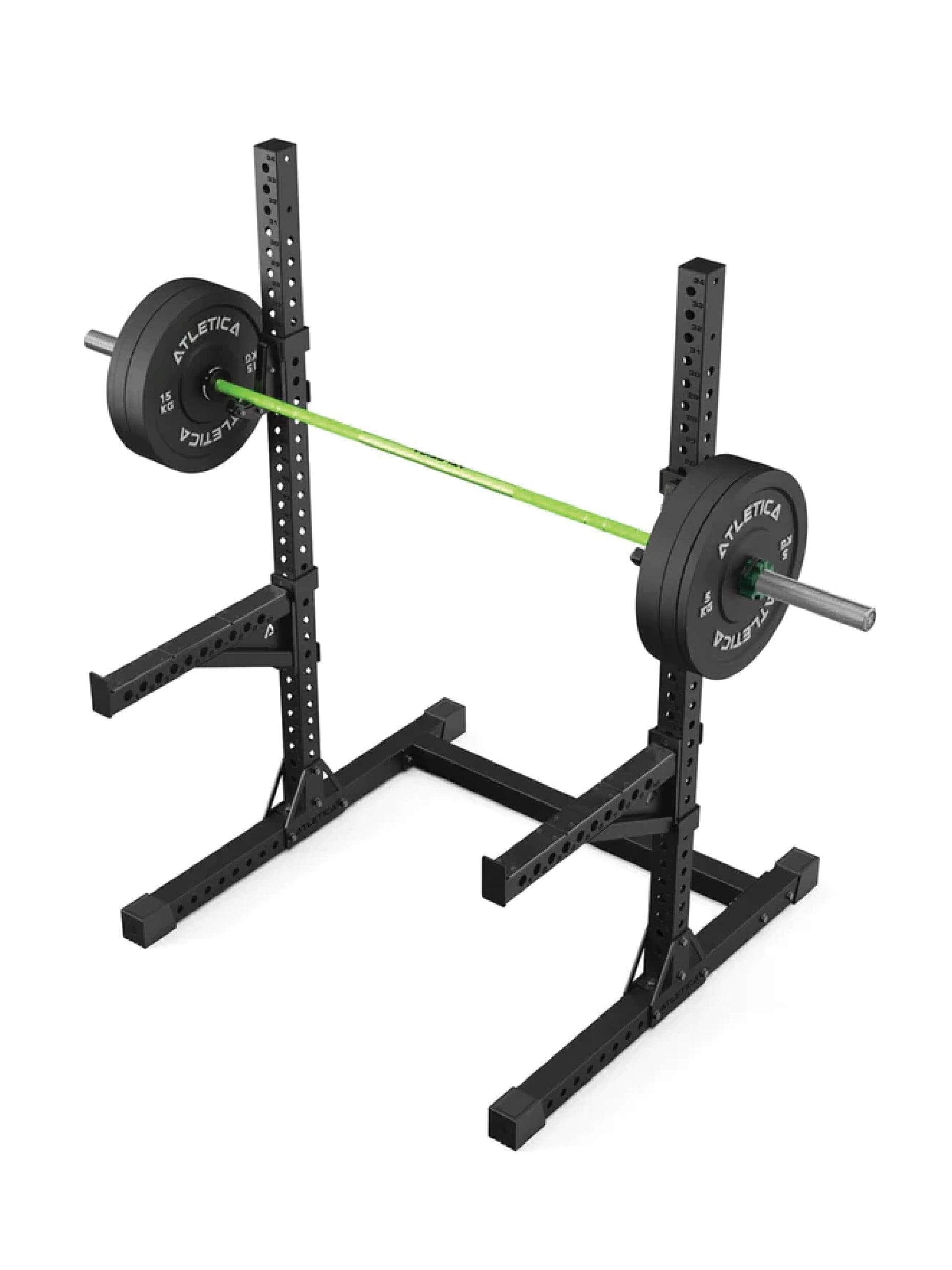 Power Cage Squat Force Set R7: Half Rack mit Hantelstange | 70 kg Bumper Plates | Verschlüsse | Spotter Arms | J-Hooks inkl.