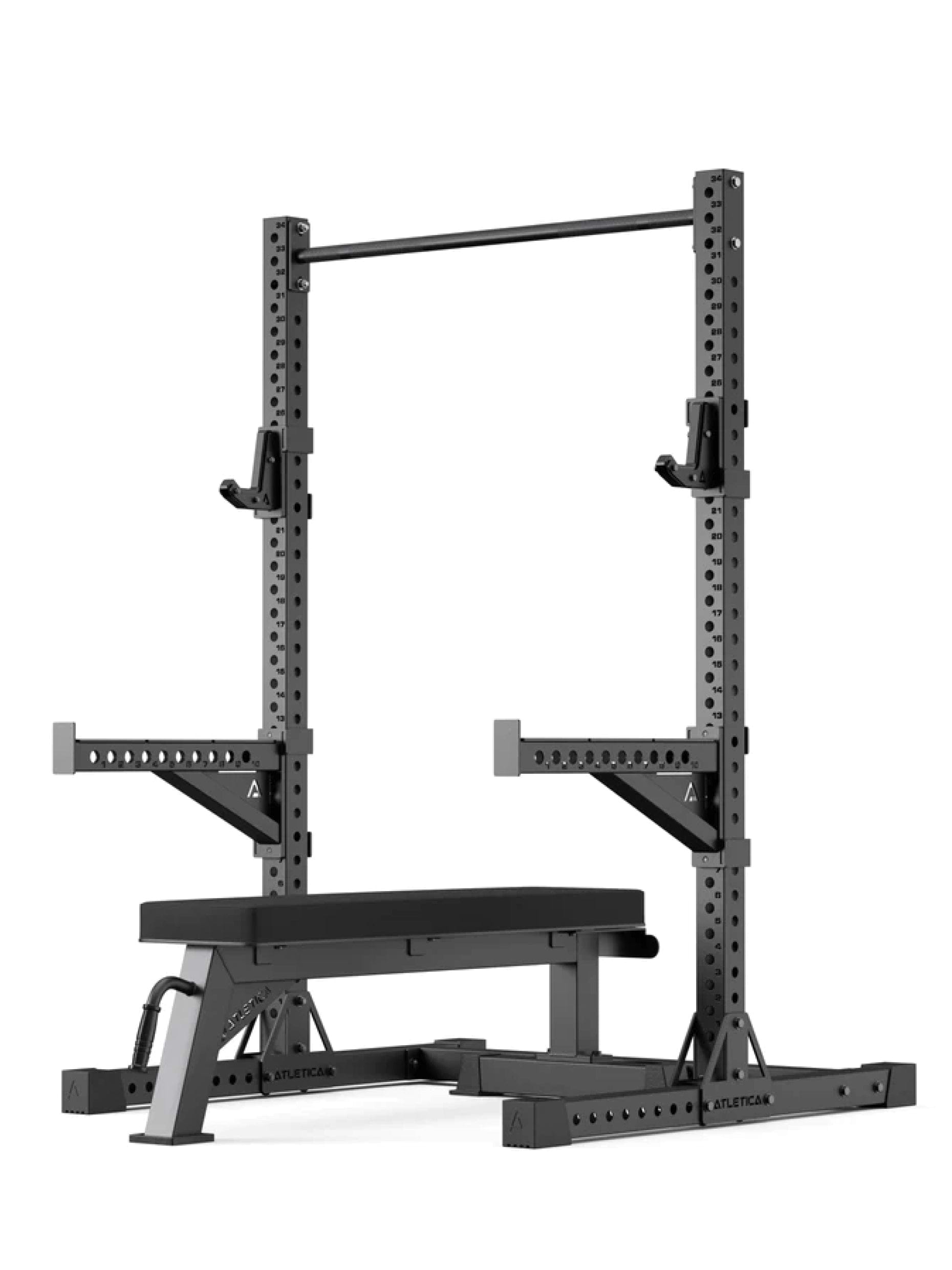 Power Rack Squat Rack Ghost Set R7: Rack Cage mit hochbelastbarer Hantelbank mit Standfunktion | Spotter Arms, J-Hooks und Klimmzugstange inkl.