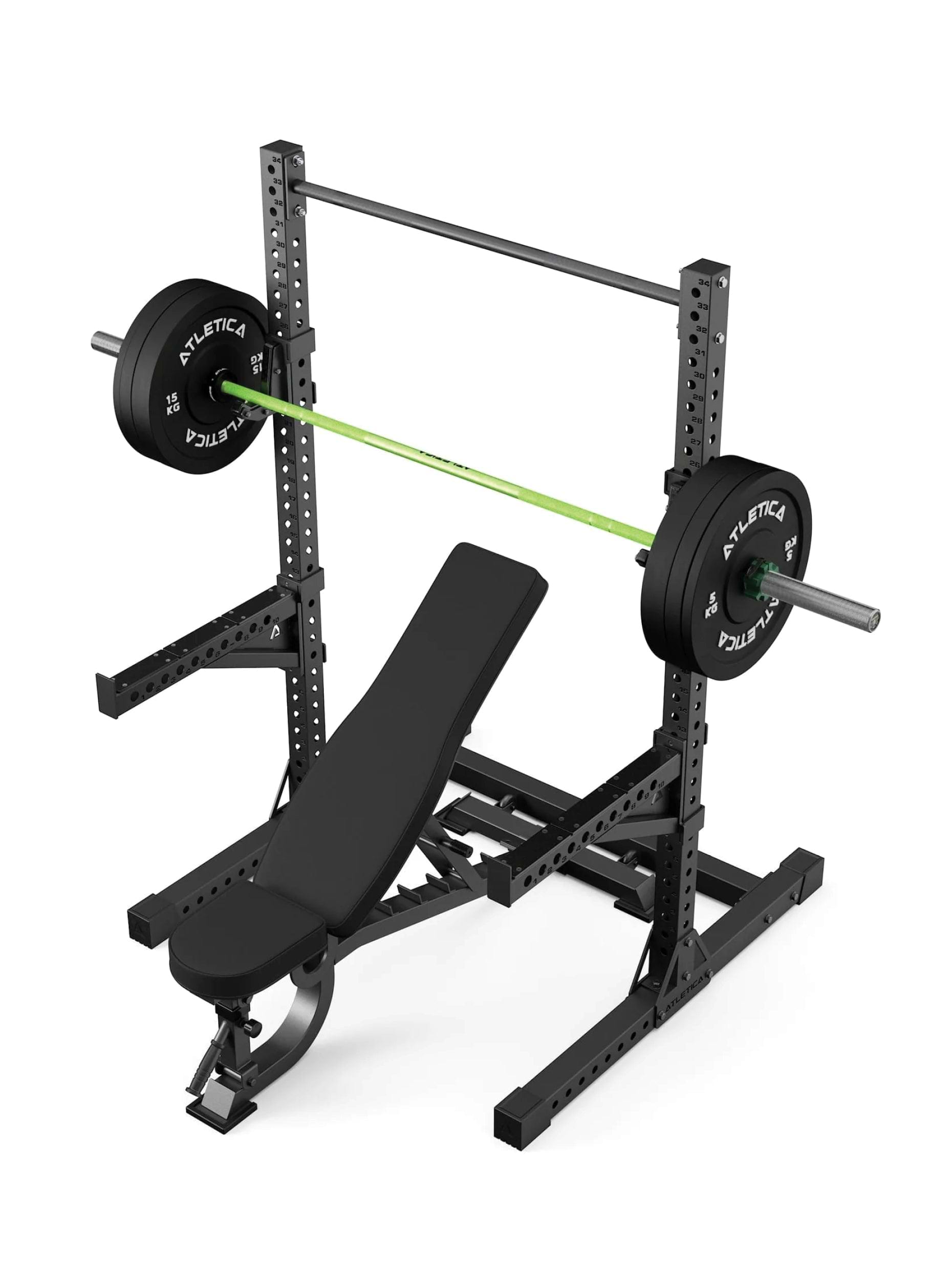 Power Rack Squat Storm Set R7: mit Hantelbank | Hantelstange | 70 kg Bumper Plates | Collars | Pull-Up Bar | Spotter Arms | J-Hooks inkl.