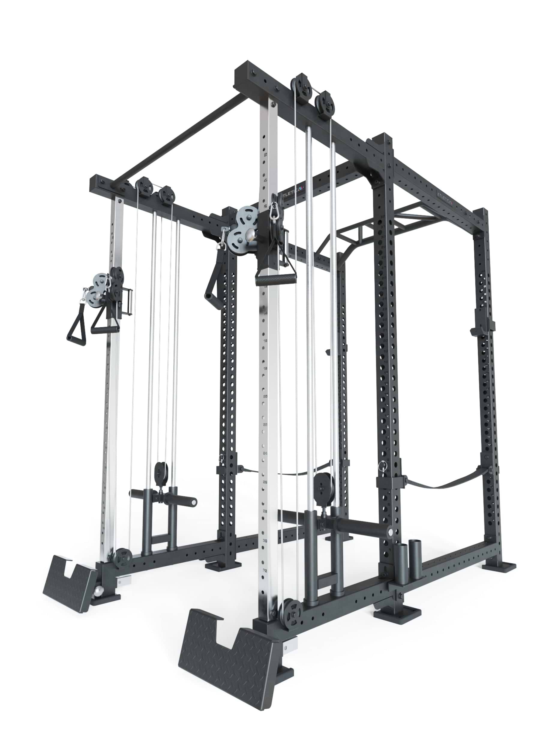 Power Rack R8-Duality: Squat Rack mit Kabelzug und 2x Klimmzugstange | Plate Loaded Dual Pulley, J-Hooks, Safeties, Bar Holder | 183x235 cm Grundfläche | 262 kg schwer
