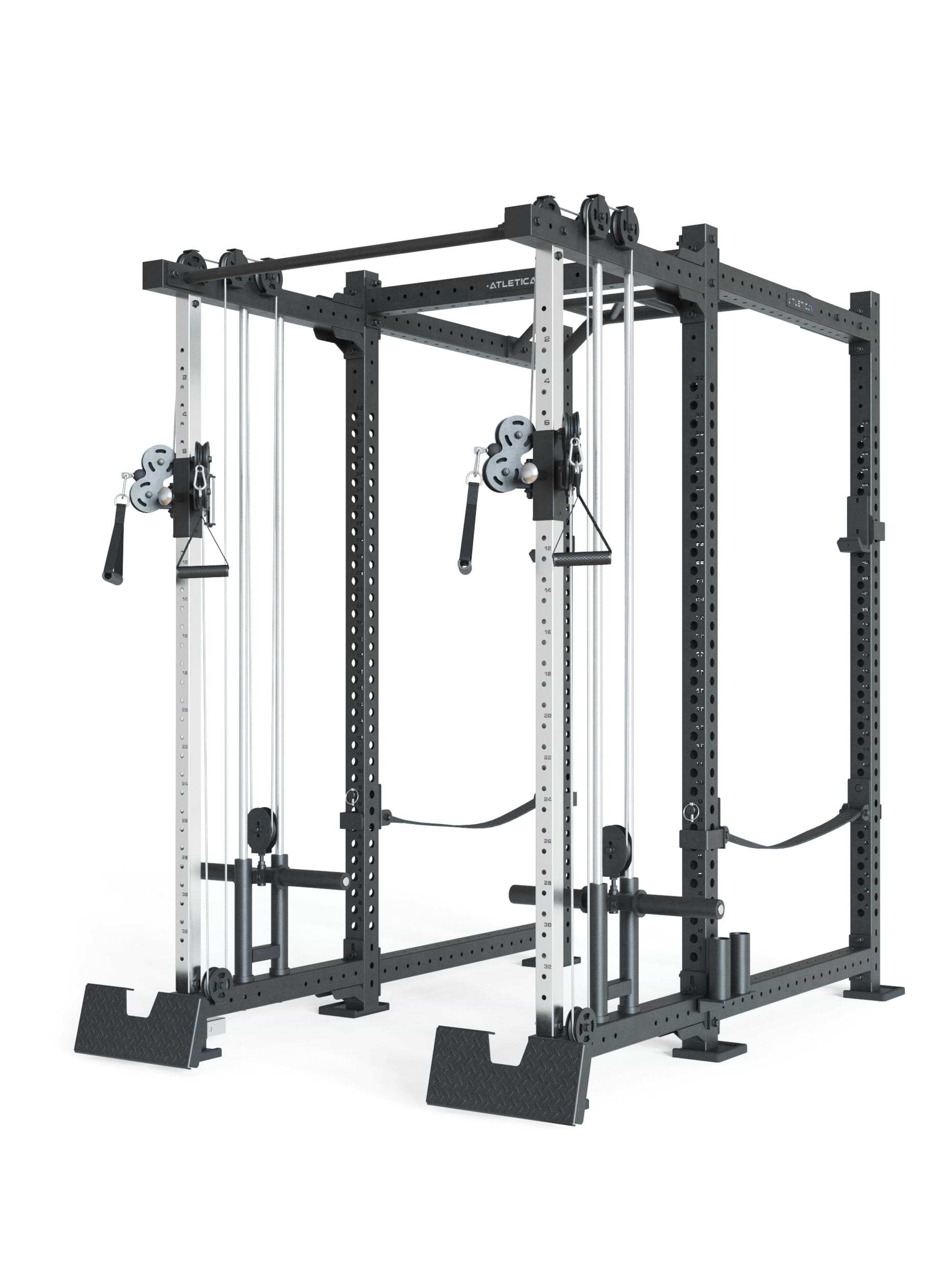 Squat Rack R8-Duality: Plate Loaded Dual Pulley, J-Hooks, Safeties, Bar Holder | 183x235 cm Grundfläche | 262 kg schwer