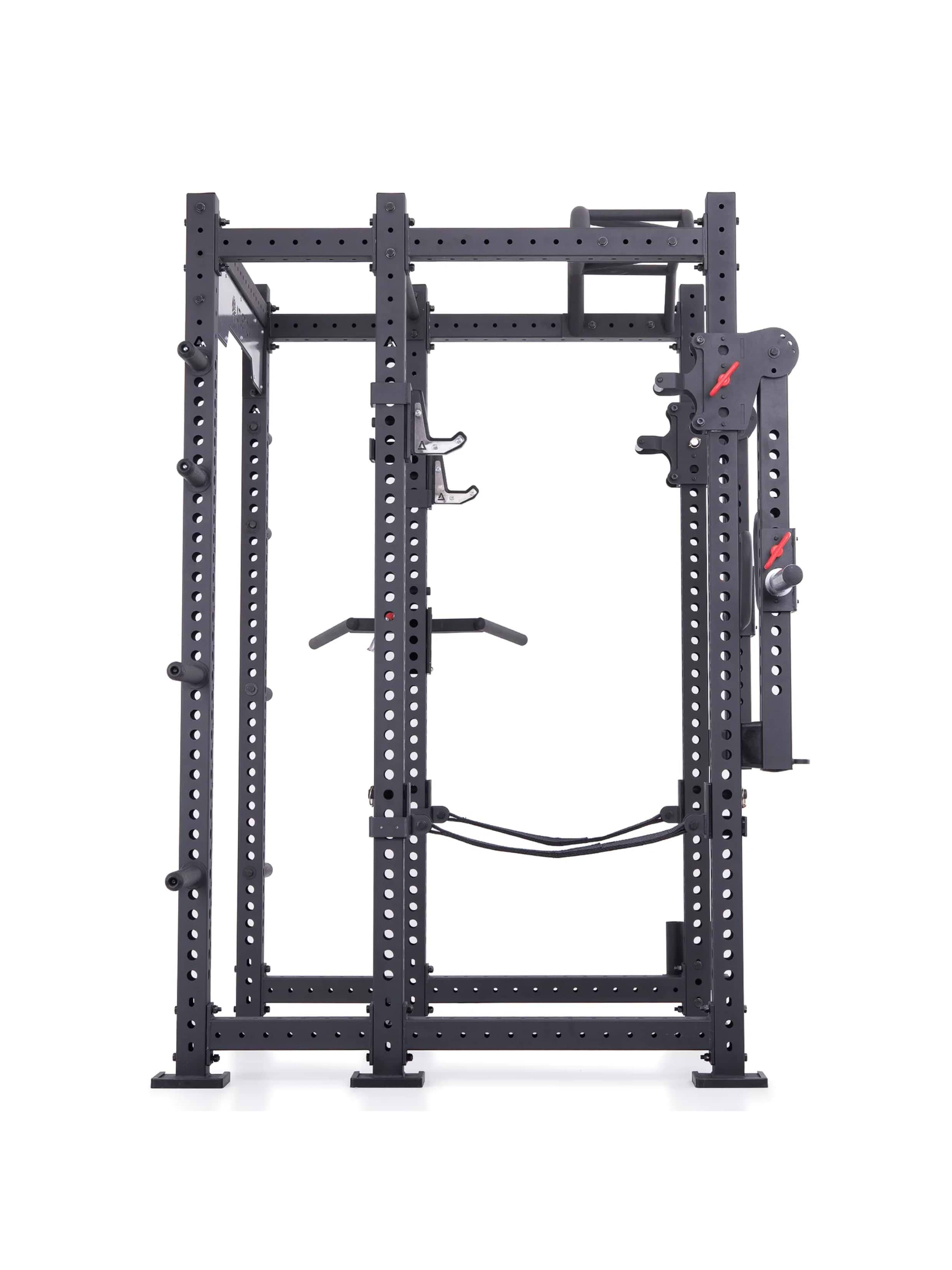 Power Cage R8 Stike: Jammer Arms, J-Hooks, Safety Straps, Dip Bar, 8 Weight Pins, 2 Pull-Up Bars, Logo Plate & Bar Holder